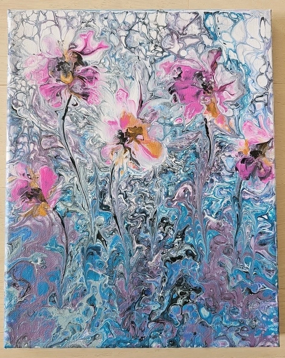 Abstract Acrylic Pour Painting Fluid Flowers Canvas 10×8
