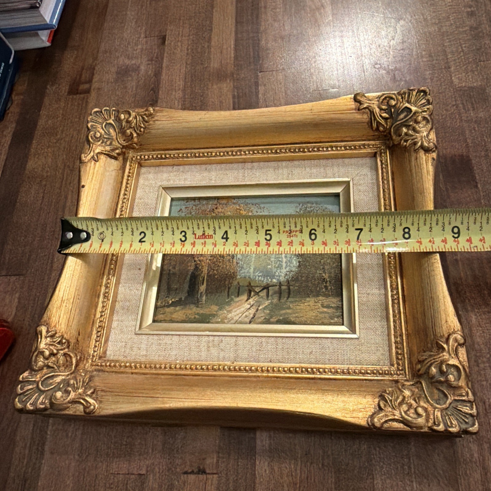Miniature Fall Hand painted oil Landscape Gold gilded wood frame Linen Mat