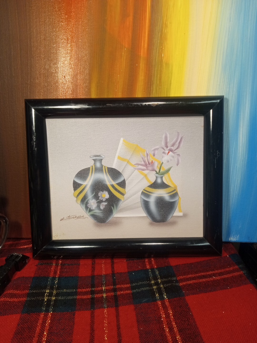 Asian Vases & Fan Still Life L. Stevenson 80s Style Airbrush Painting On Canvas