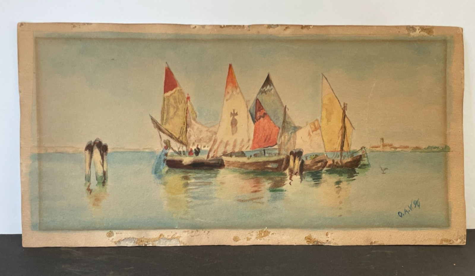 Antique 1894 Signed O.A.V. Watercolor «Sailboats on the Sound» – Olivio A. V.