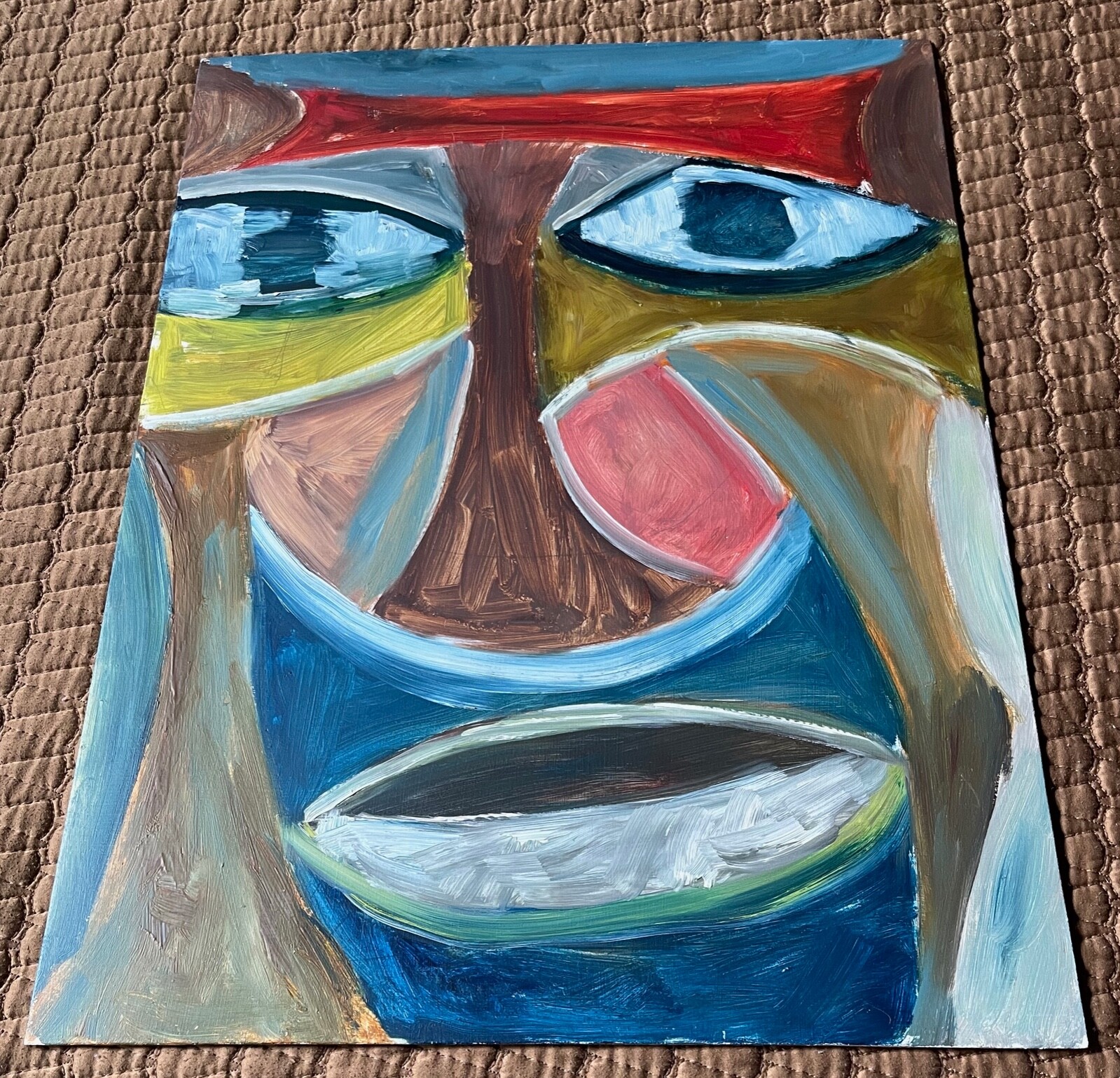Vintage Multi-Color Abstract Face Oil Painting Mid Century Modern Wall Art 70s