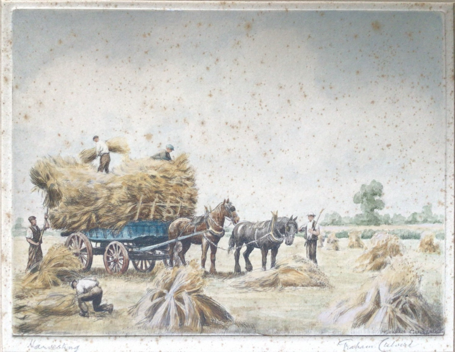 Harvest Etching Modern Art Europe Signed Undated 9 x 7 in Farmers Horse Tinted