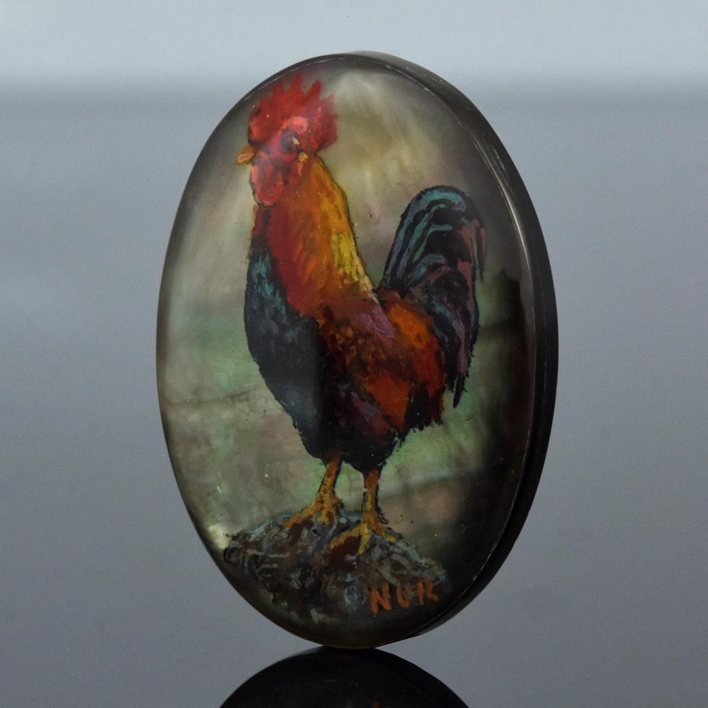 Rooster Original Artisan Painted Mother-of-Pearl Shell Oval Cabochon 35x26mm