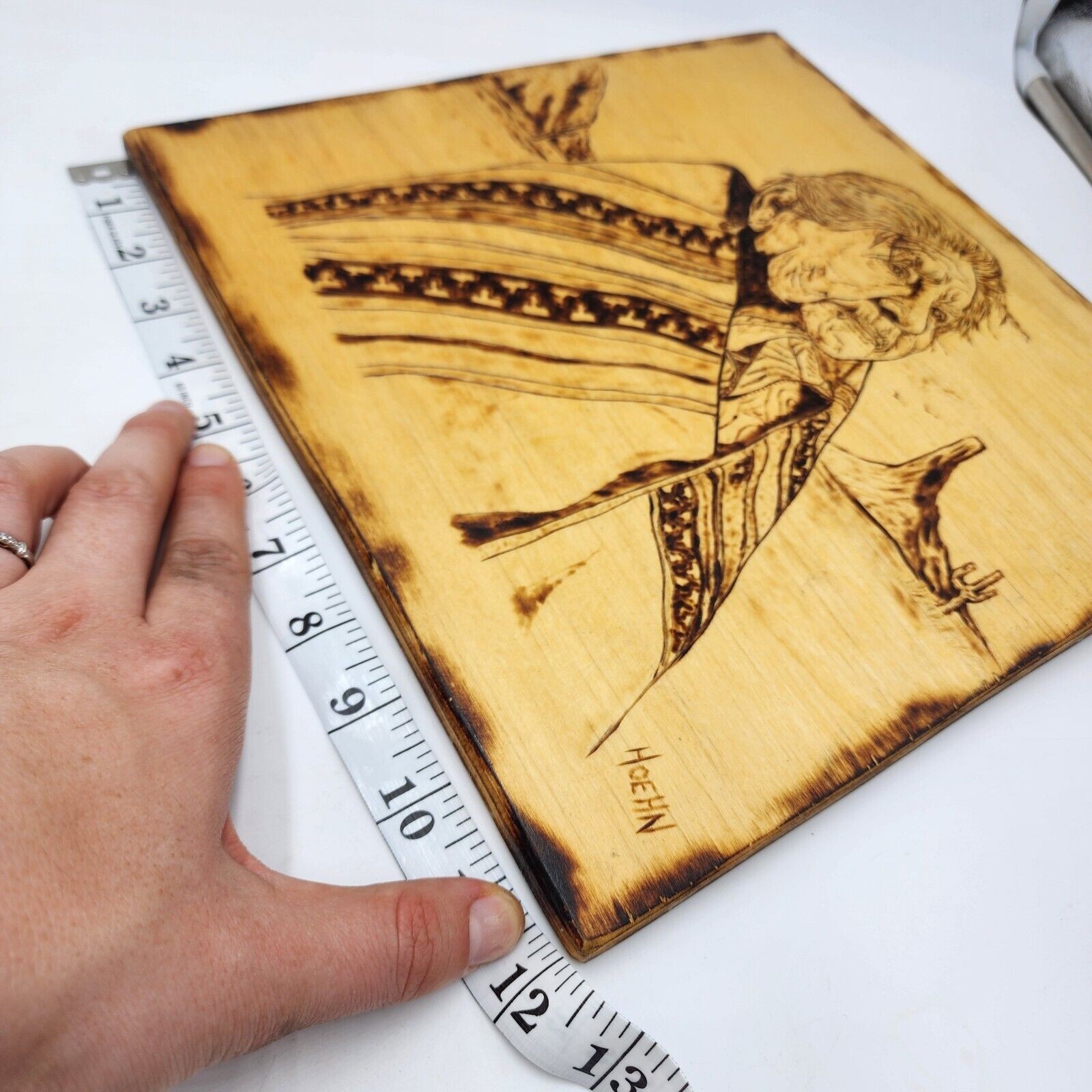Vintage Native American Grandmother Wood Painting Burning Carving Hoehn 10×10″