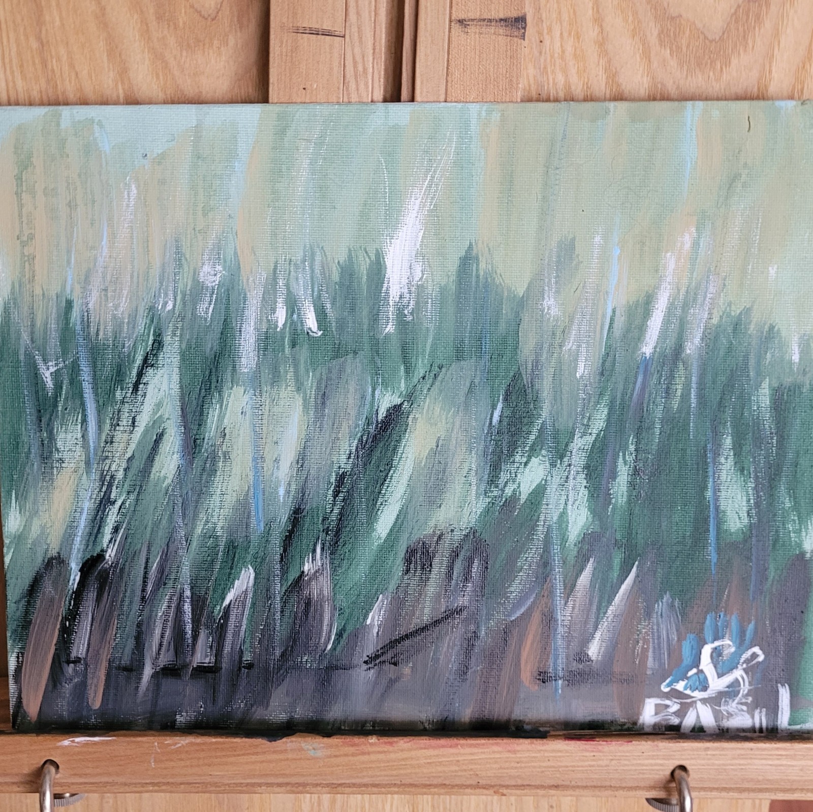 Biophilic Abstract Landscape Painting Lush Grass & Forest Motion Art 8×12.