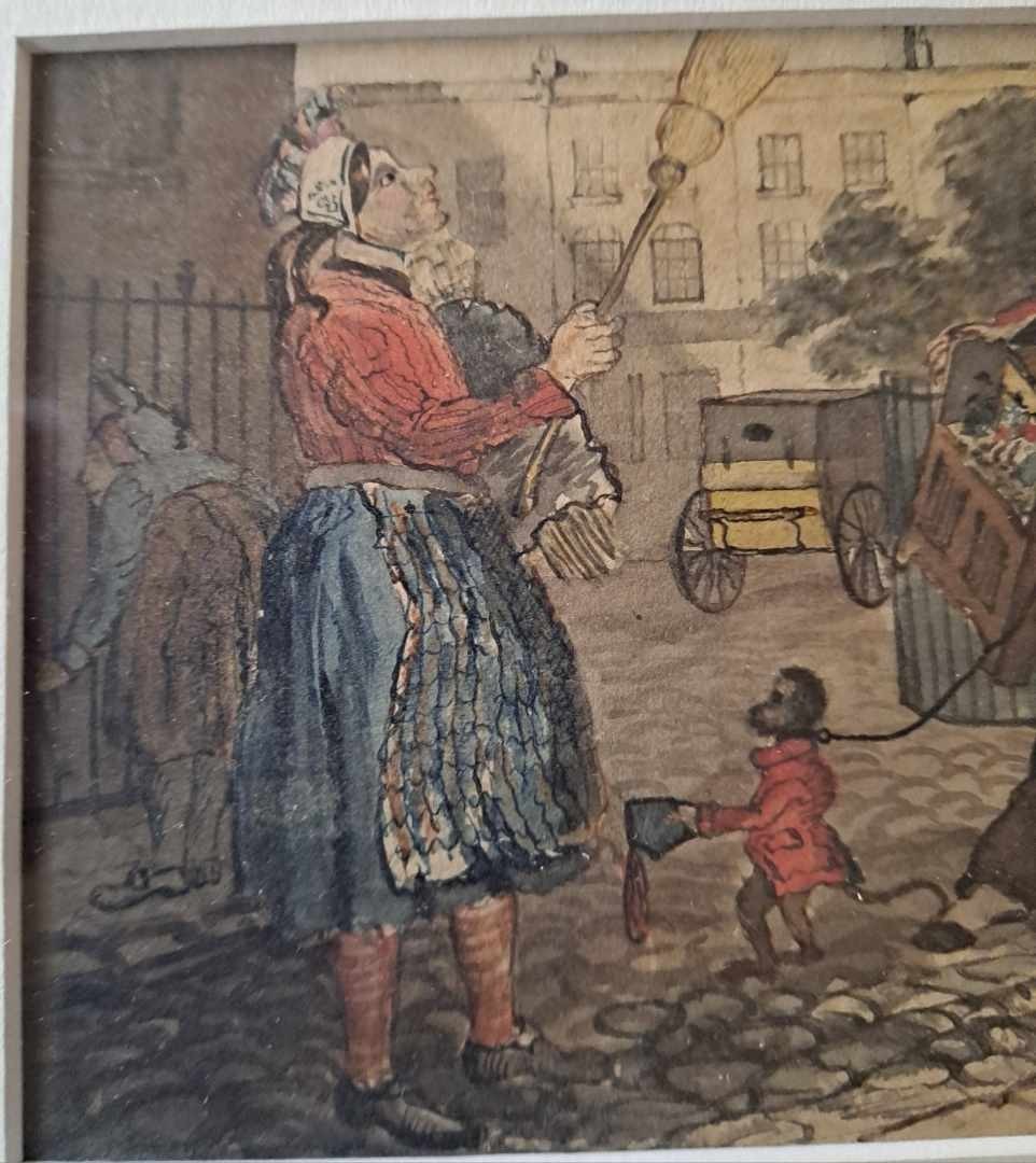 Antique 19c. Victorian Street Musician MINSTREL Monkey W/C Painting Hurdy Gurdy