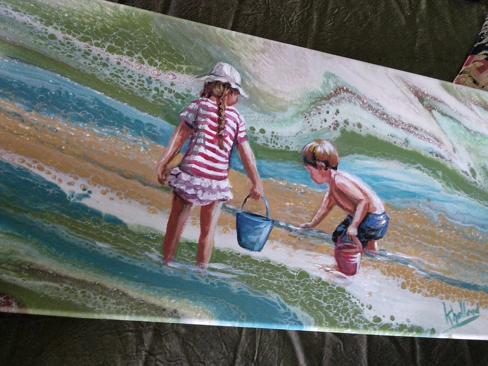 Original painting Children on the beach on acrylic pour by kholland
