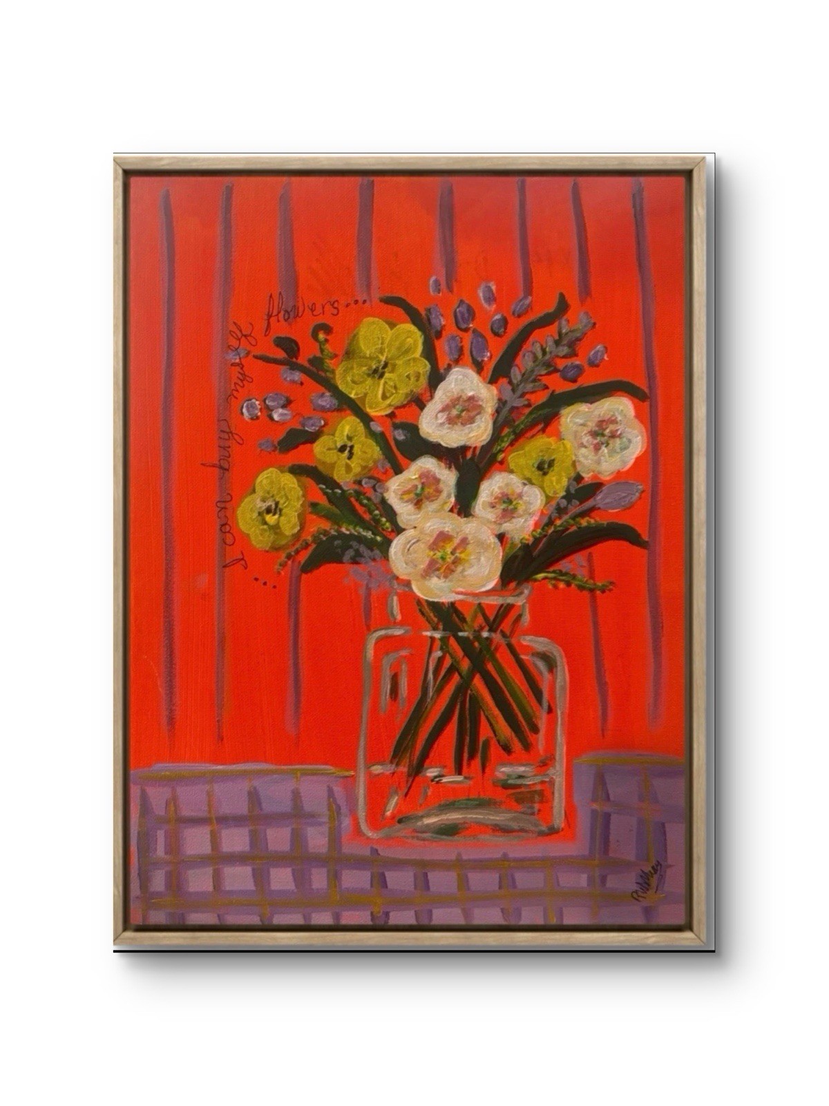Original Art Signed Canvas Signed Flora Vase Colors Pink Orange