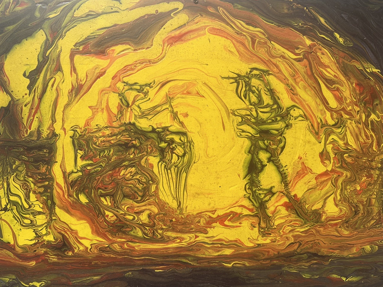 Vintage Abstract expressionist Modern oil Pour Painting yellow ,Red ,browns