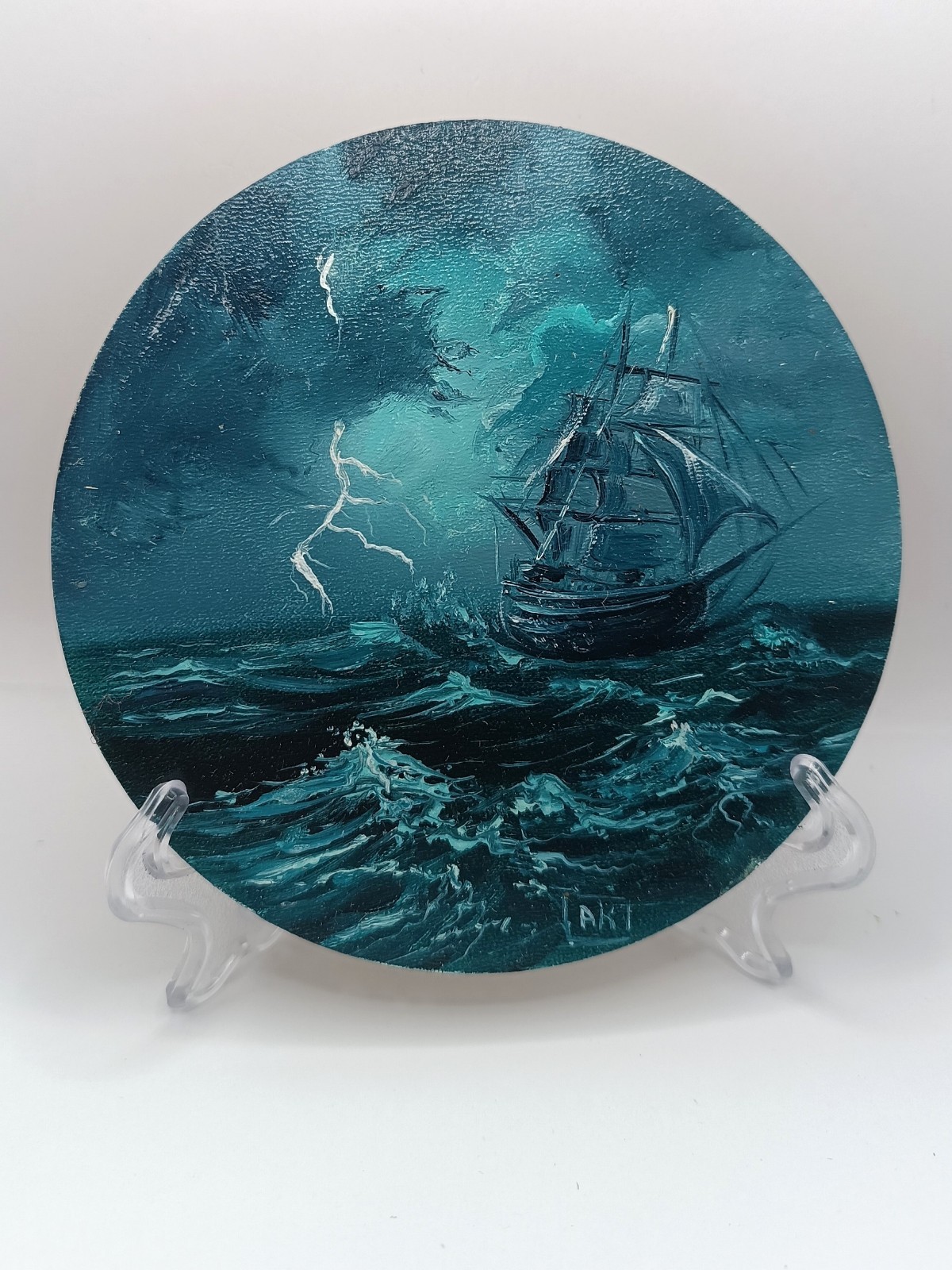 Original Ship in Storm Painting Small Round Seascape Nautical Lightning Artwork