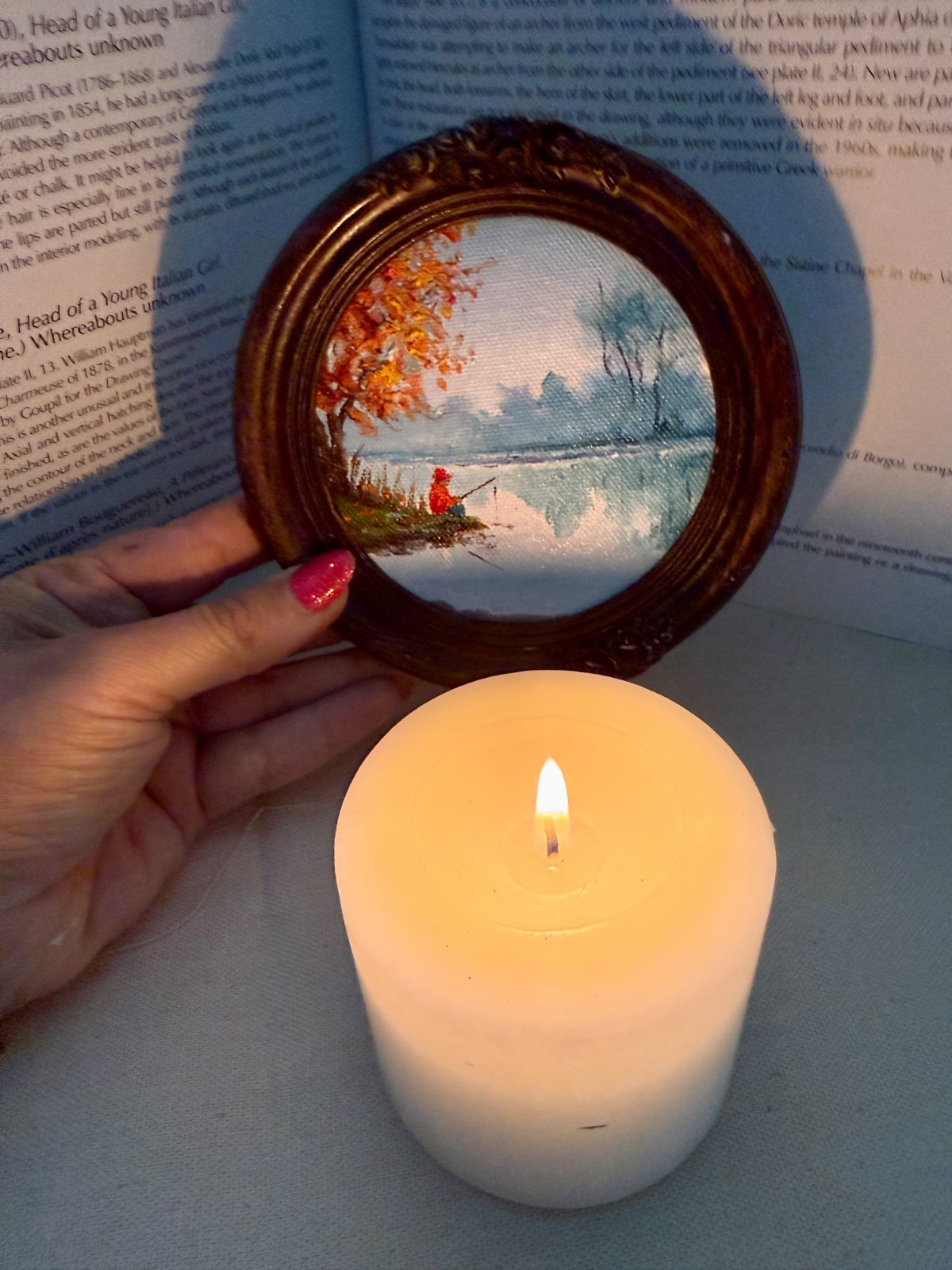 miniature oil painting, original painting ,lake landscape ,fisherman painting