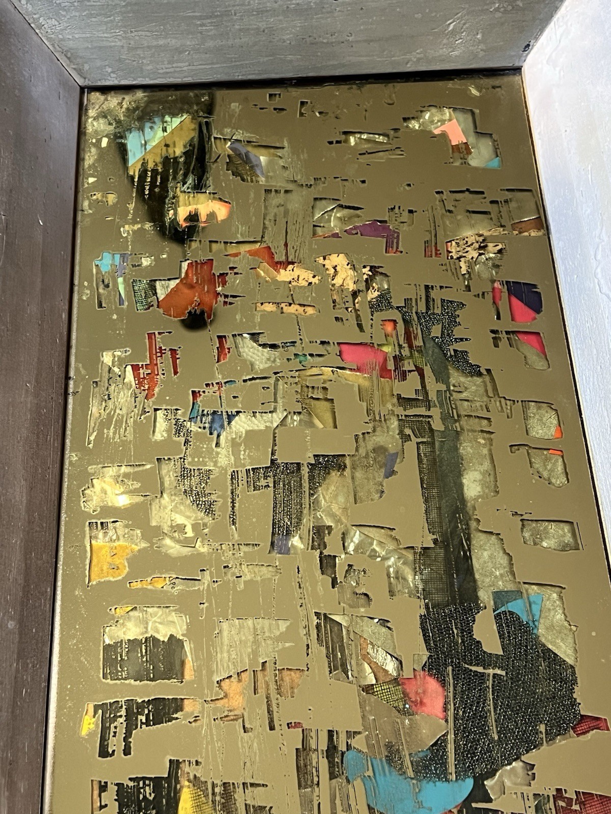 MCM Brutalist Reverse Glass Mirror Art Signed Mixed Media Wall Sculpture 25″