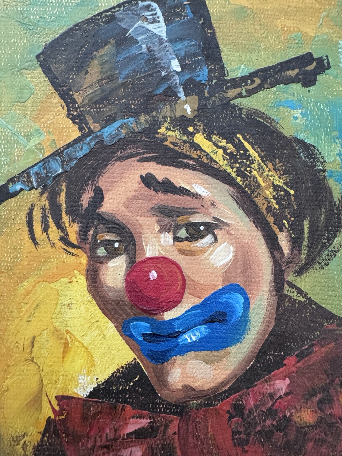 Vintage Framed Clown Painting Signed Wall Hanging Folk Art Mexico Colorful Sad