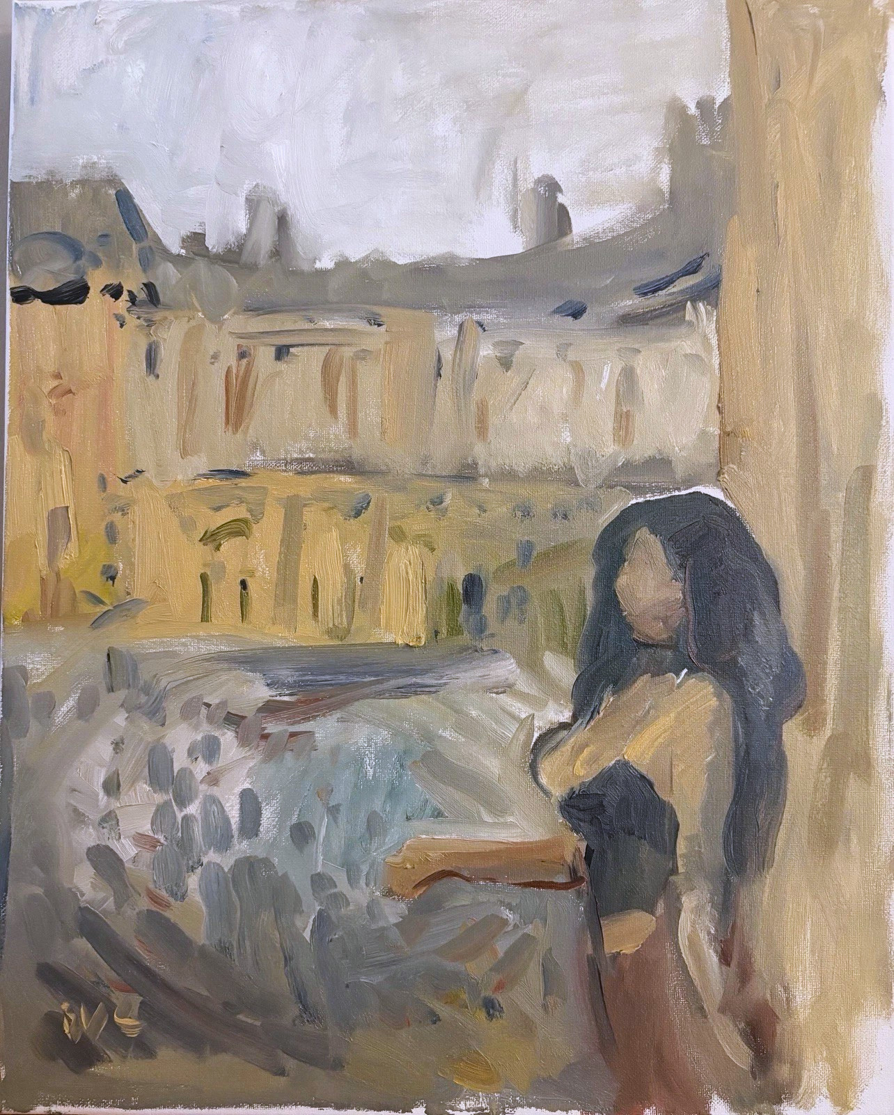 Female Figure In Cityscape Surrealist Oil Painting On Canvas 16”x20” Original