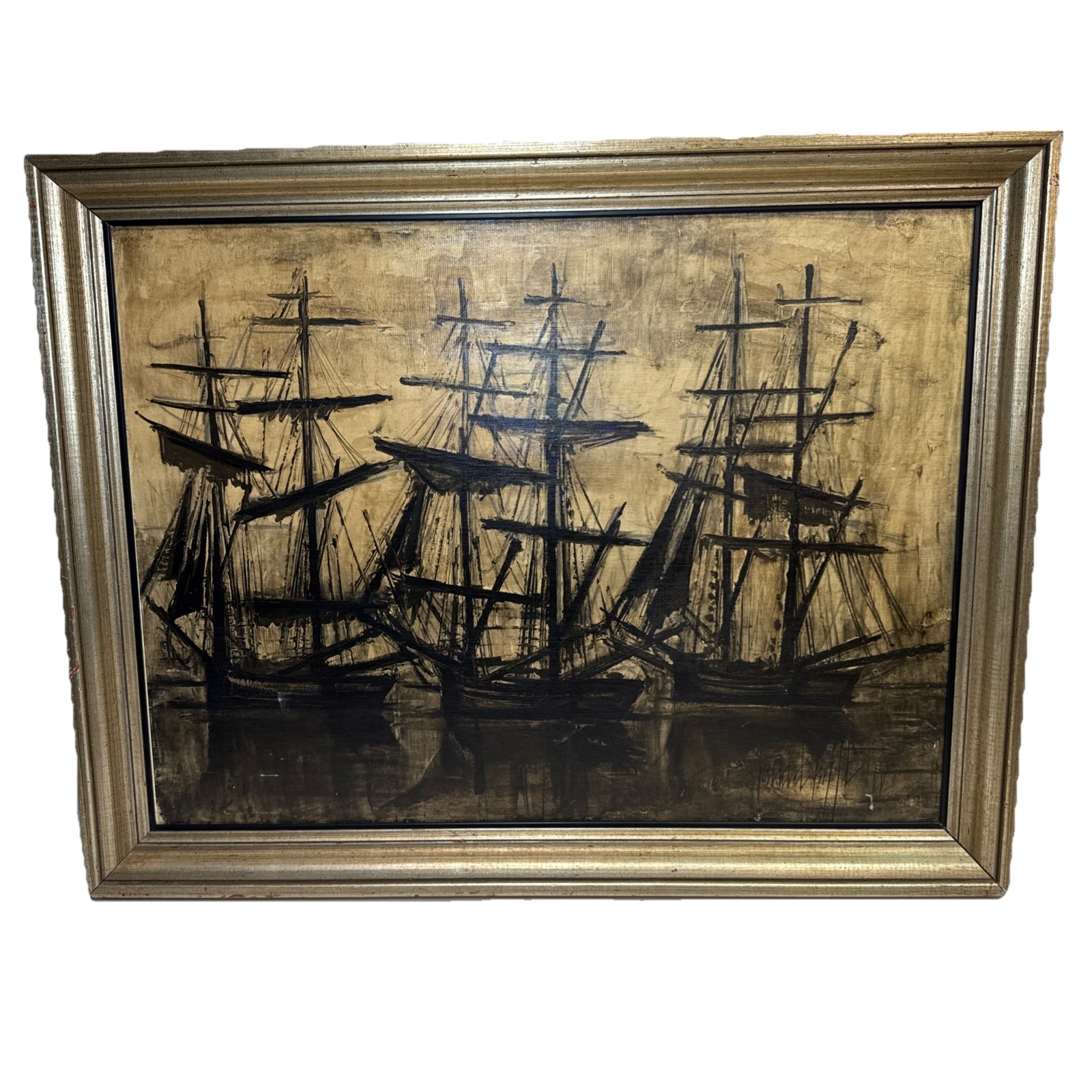 Bernard Buffet Framed Lithograph Art Print, The Black Ships, Mid Century