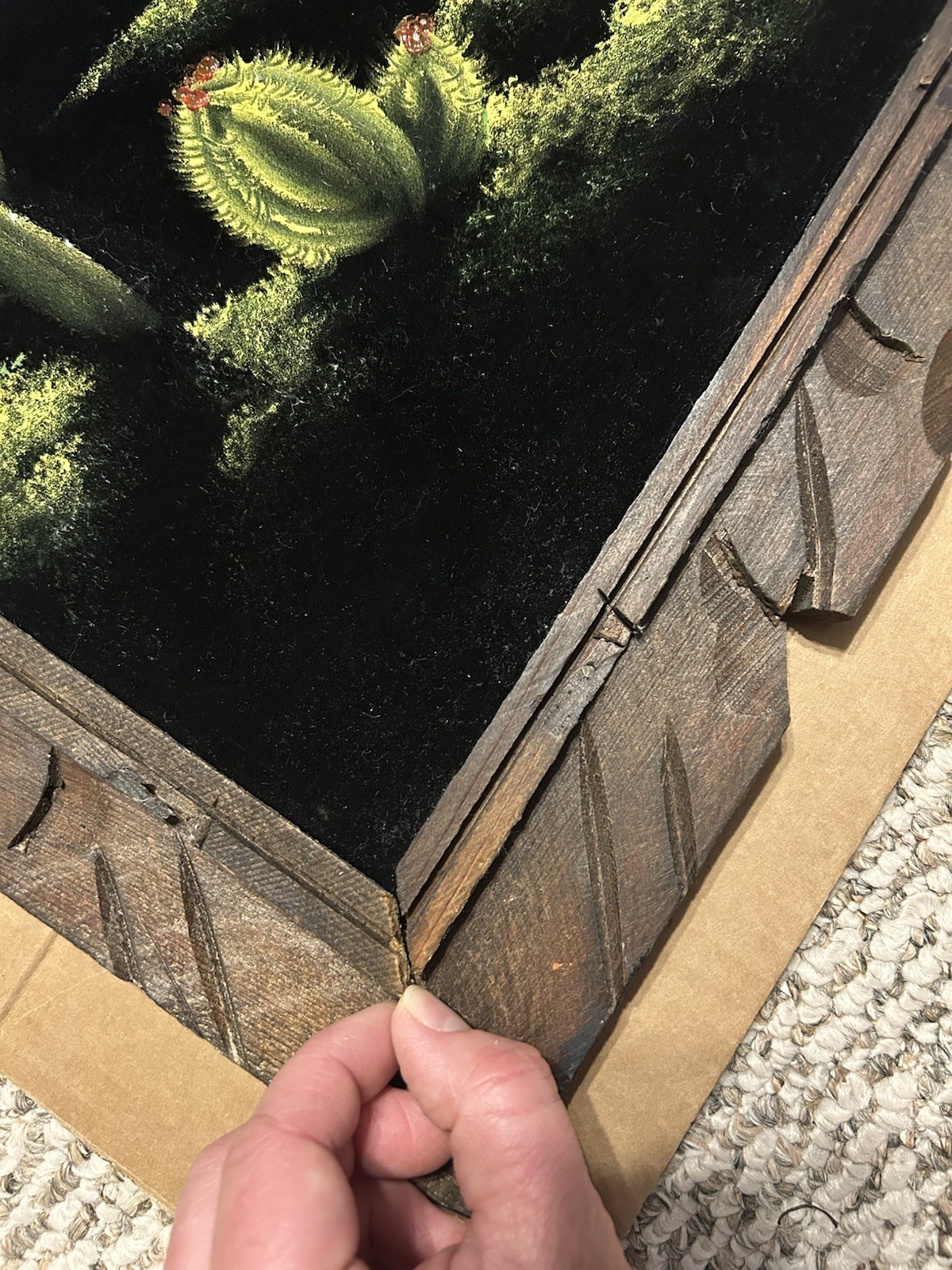 Vtg Black Velvet Painting Desert Sunset Cactus Mexico Carved Wood Frame 24”x 20”