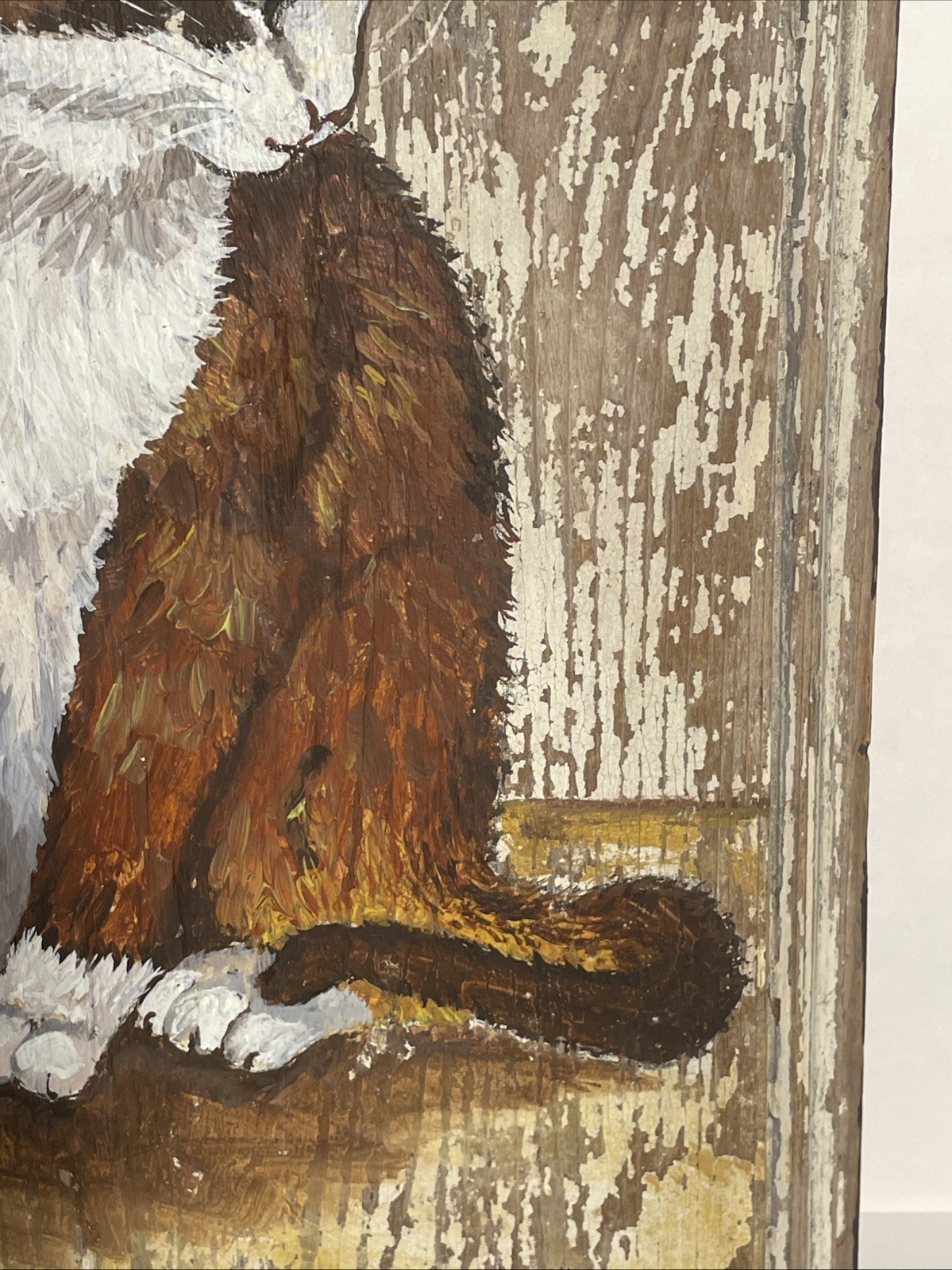 Charming Cat Painting on Rustic Reclaimed Barn Board – Farmhouse Folk Art Signed