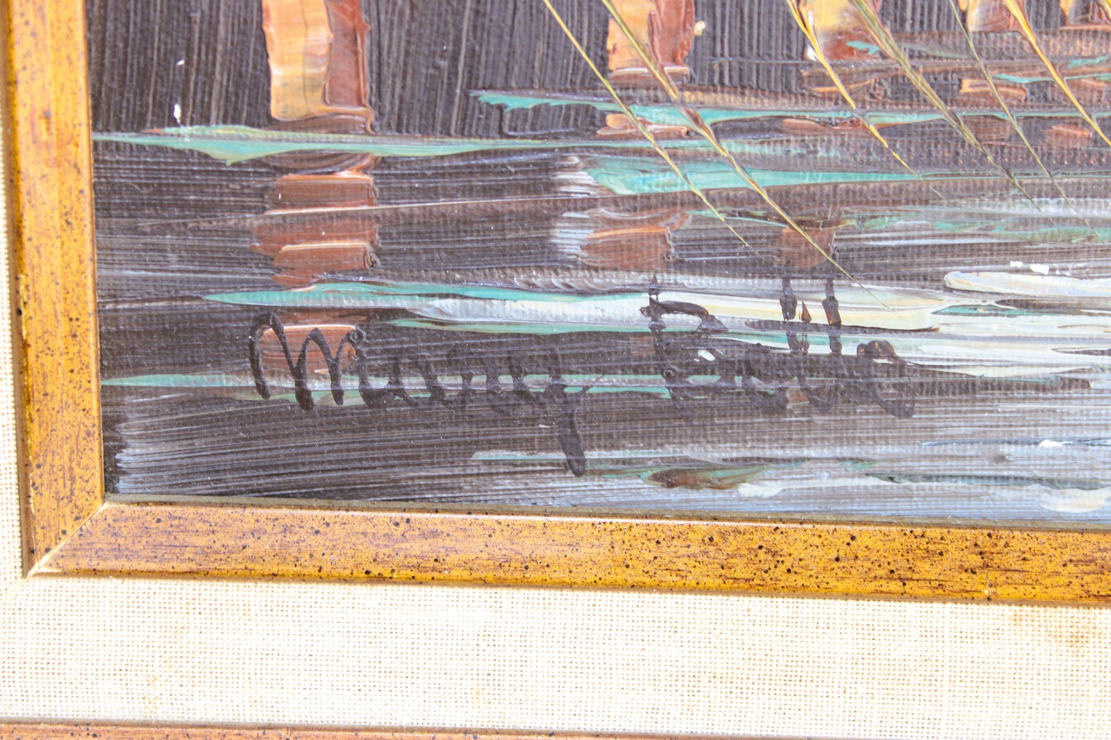 MARY BOTTO 1913-2002 VINTAGE OIL PAINTING CARDBOARD SIGNED HARBOR BOAT PORT PIER
