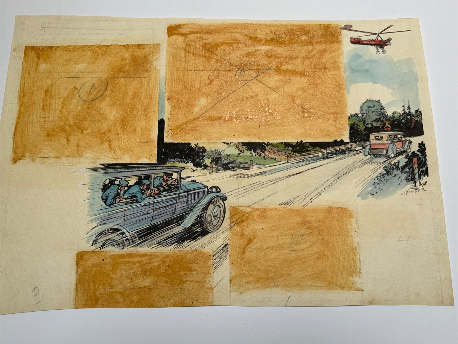 ANTIQUE PAINTING ILLUSTRATION JOSEPH L KRAEMER LISTED FAMOUS OLD CAR GUNS FIGHT