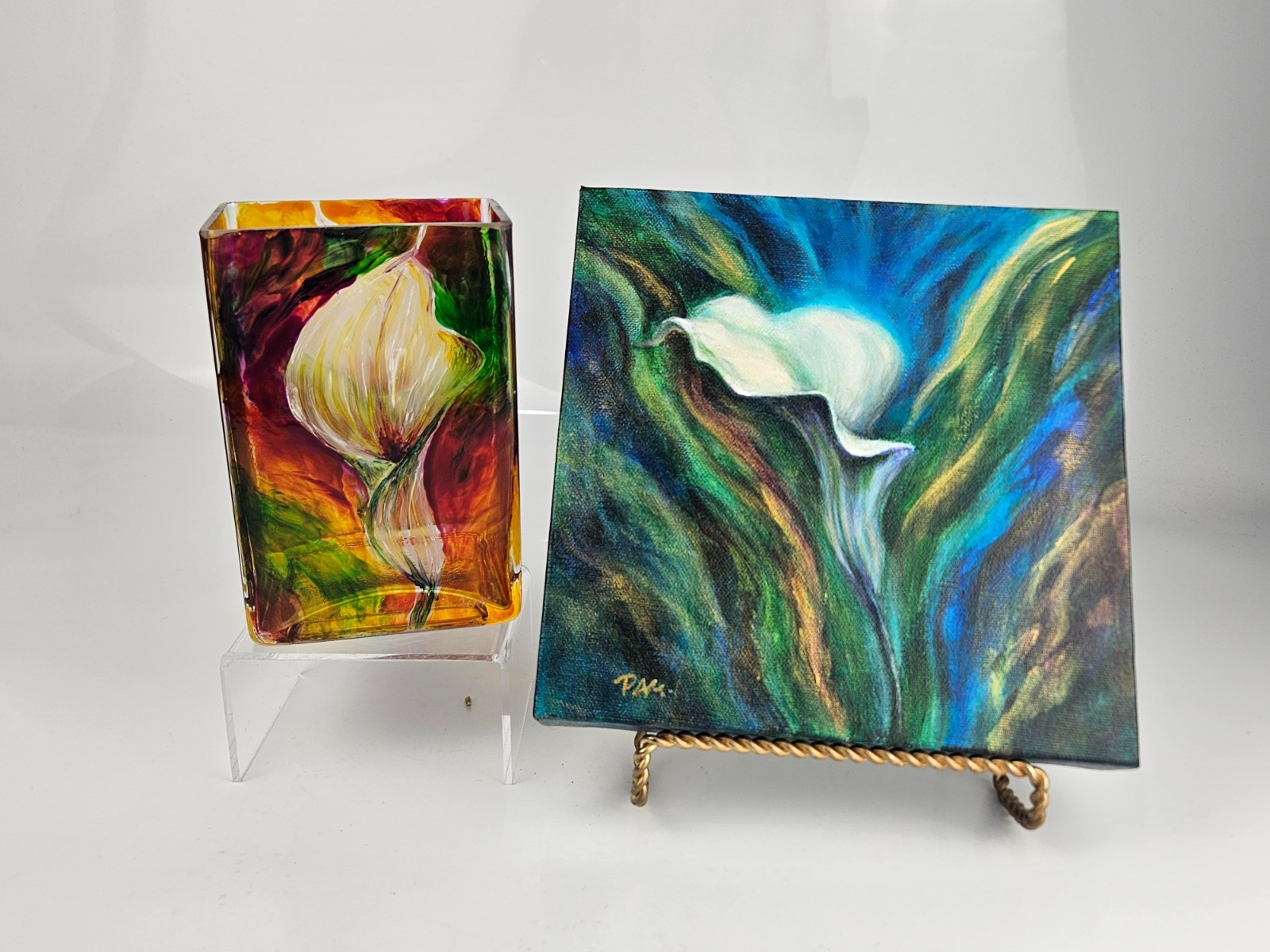 Original Painting and Hand Painted Glass Vase Set Calla Lily Signed Art