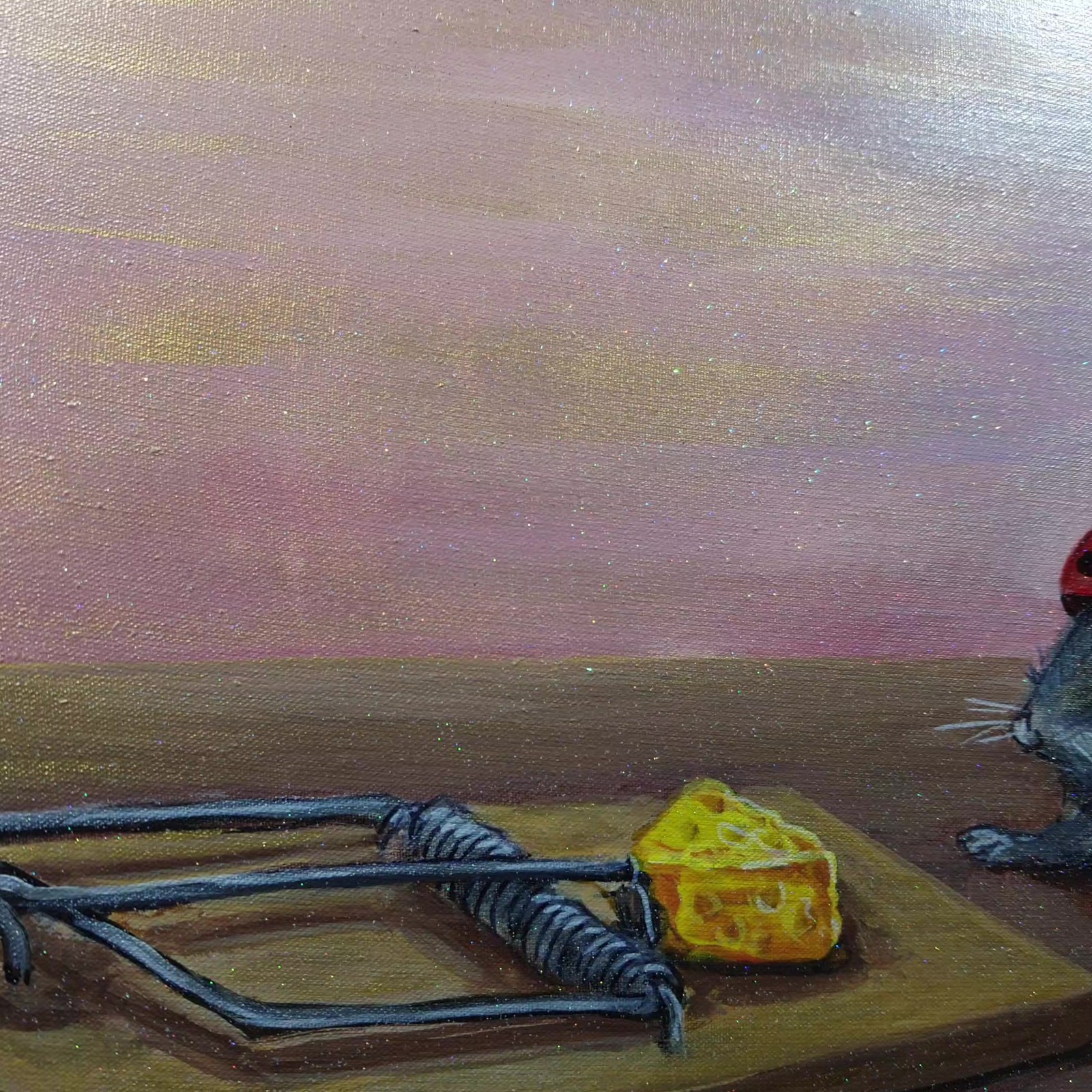 Original Acrylic Painting Thinking Mouse Red Helmet Cheese Trap Canvas Wall Art