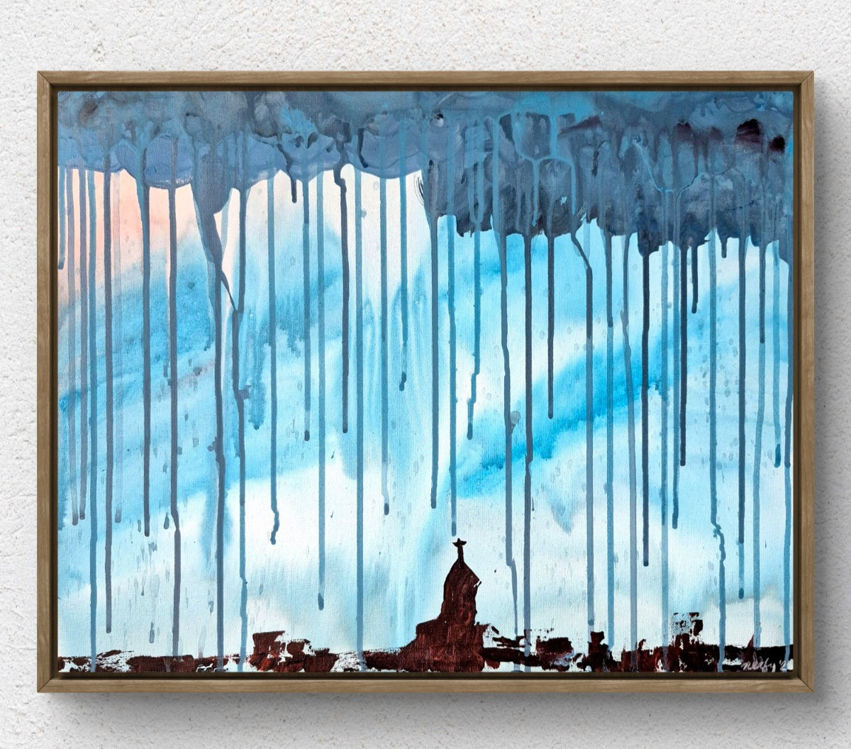 Original Abstract 16×20 Acrylic Painting Signed Blue Rain Landscape Wall Art C12