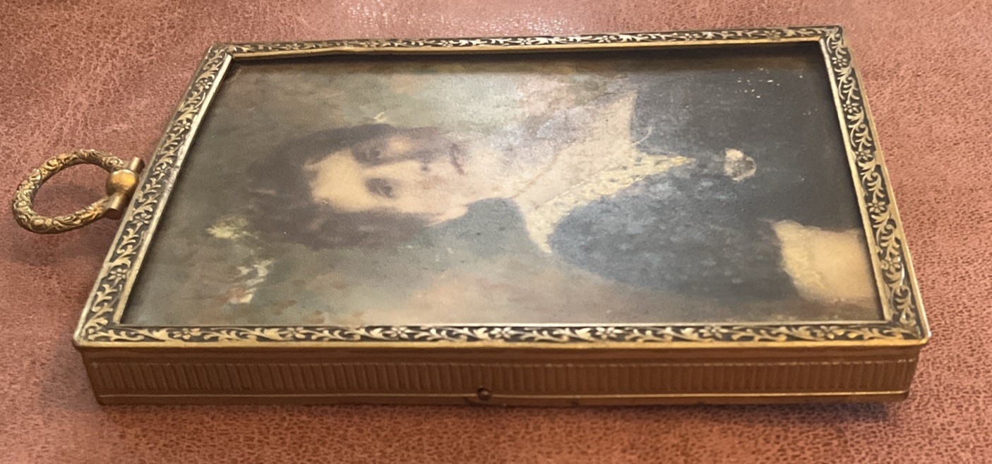 Antique Miniature Hand Painted Portrait, Early 1900s Gold Metal Frame 3.5”x4.5”