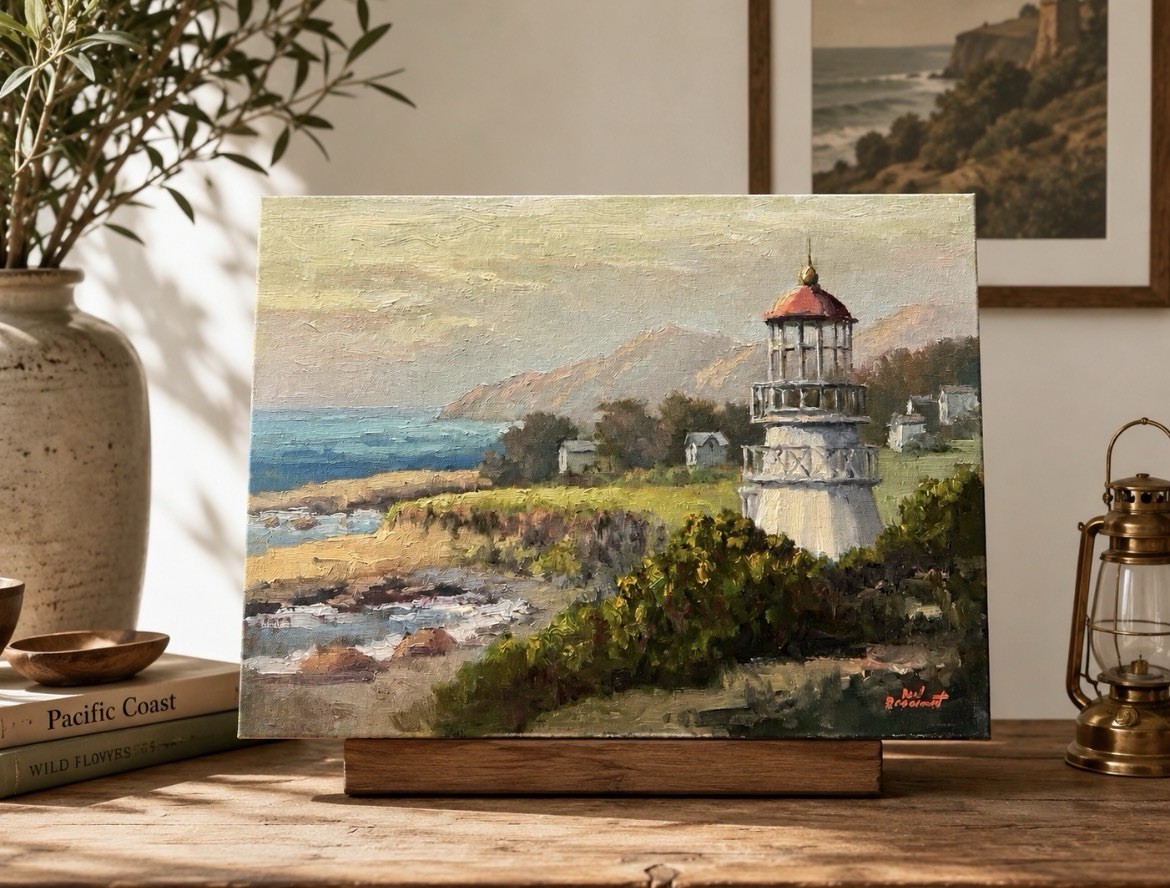 Mark Monsarrat Original Plein Air Oil Painting “Lighthouse View” Seascape