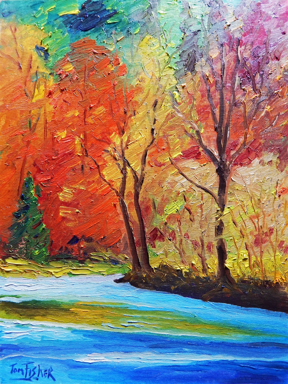 Autumn fall colors stream realistic Impressionism oil Painting landscape TFisher
