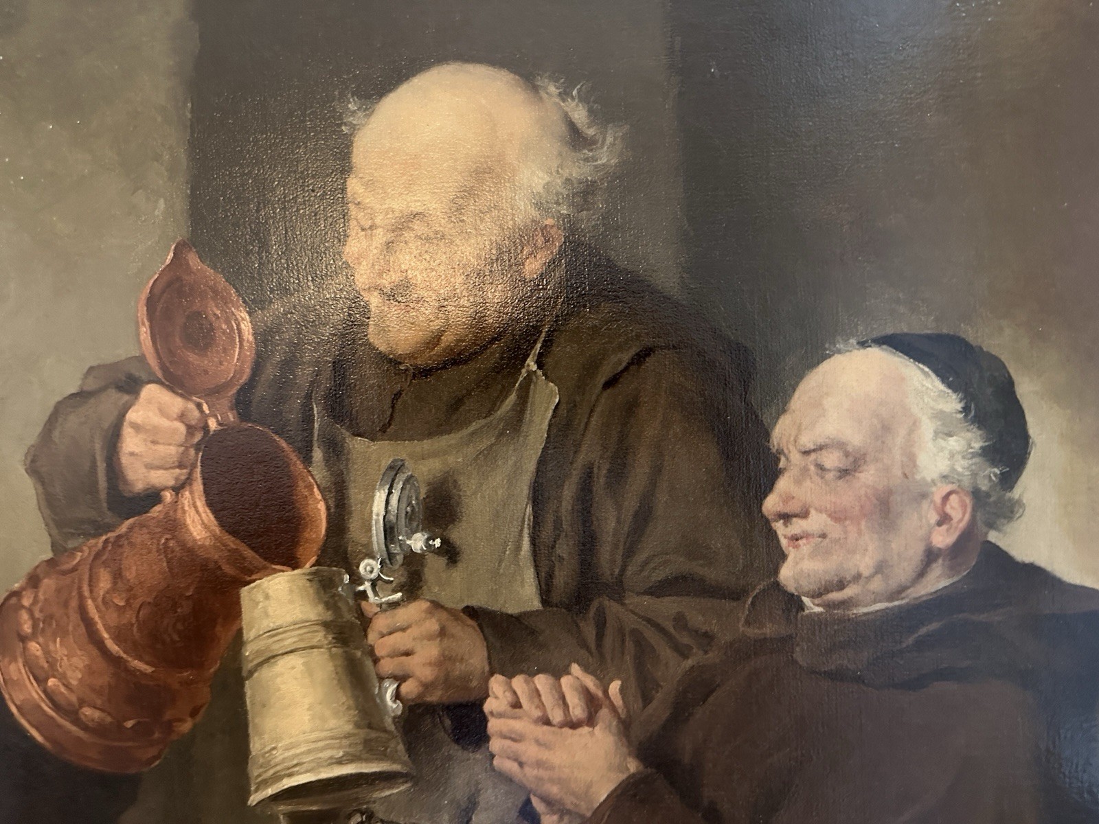 Monks at Table with Stein – Signed “E. Grutzner” – Oil on Wood Panel Painting