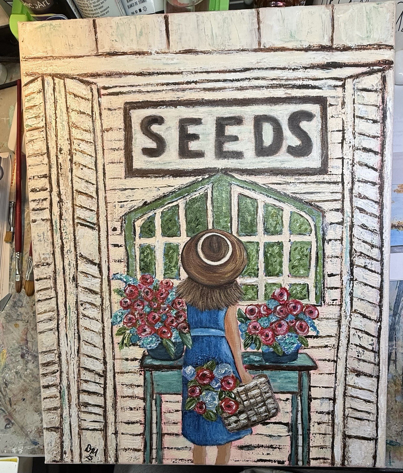 Original Folk Art Painting «Seeds» Flower Shop – Whimsical Farmhouse Wall Decor