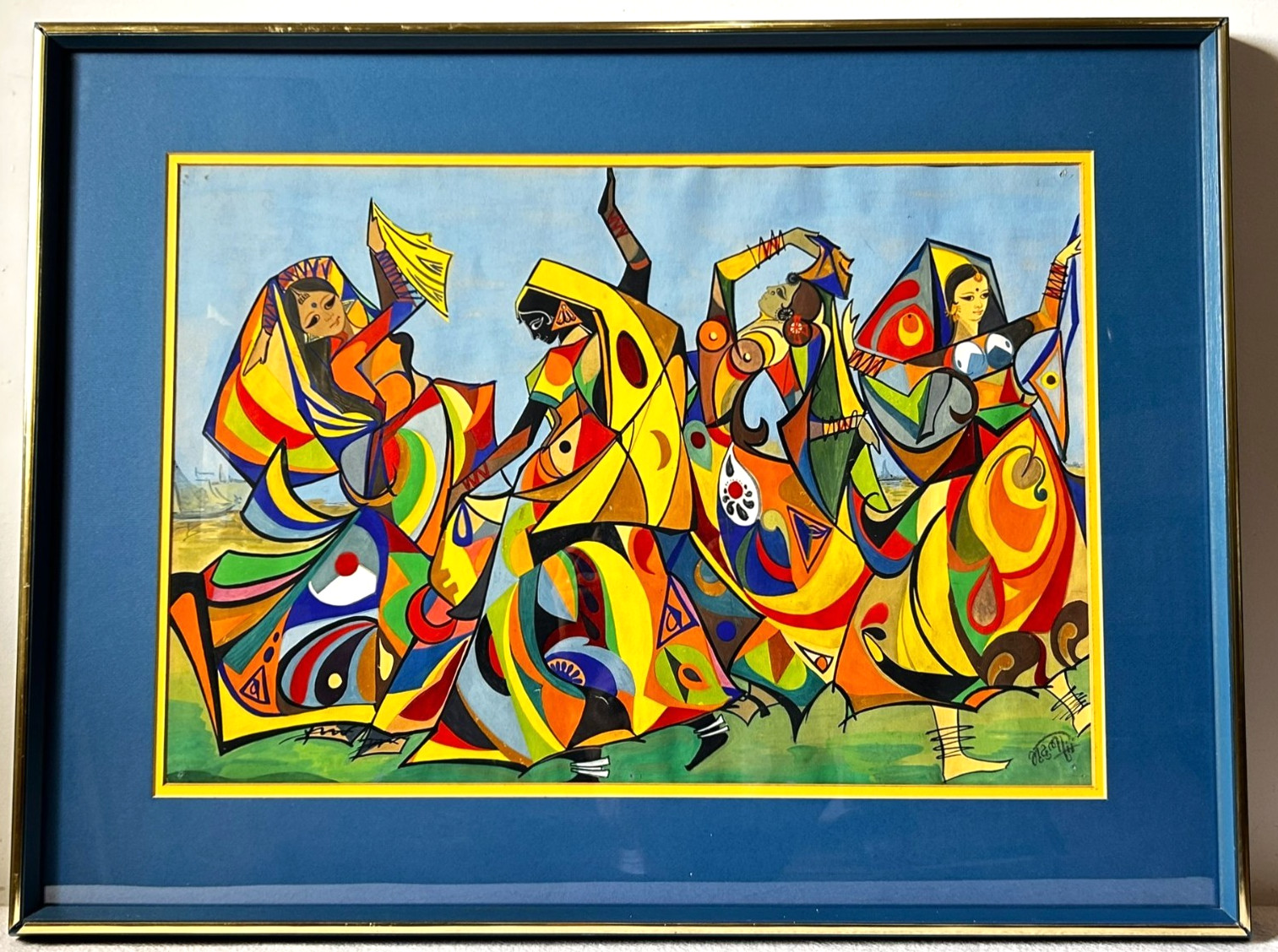 Vtg. MCM/ Cubism/ Folk/Traditional Hindu Women Dancing Signed Art on Paper 29X22