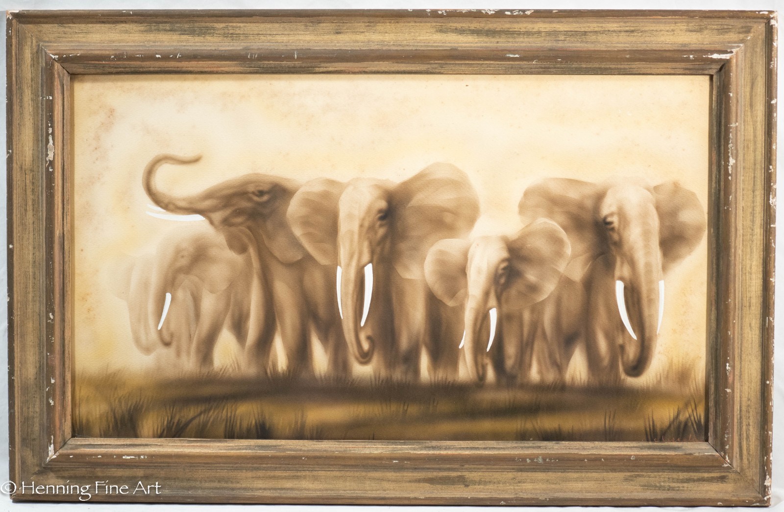 Beautiful Antique Painted Litho Elephant Family Illegibly Signed Framed 19 x 30″