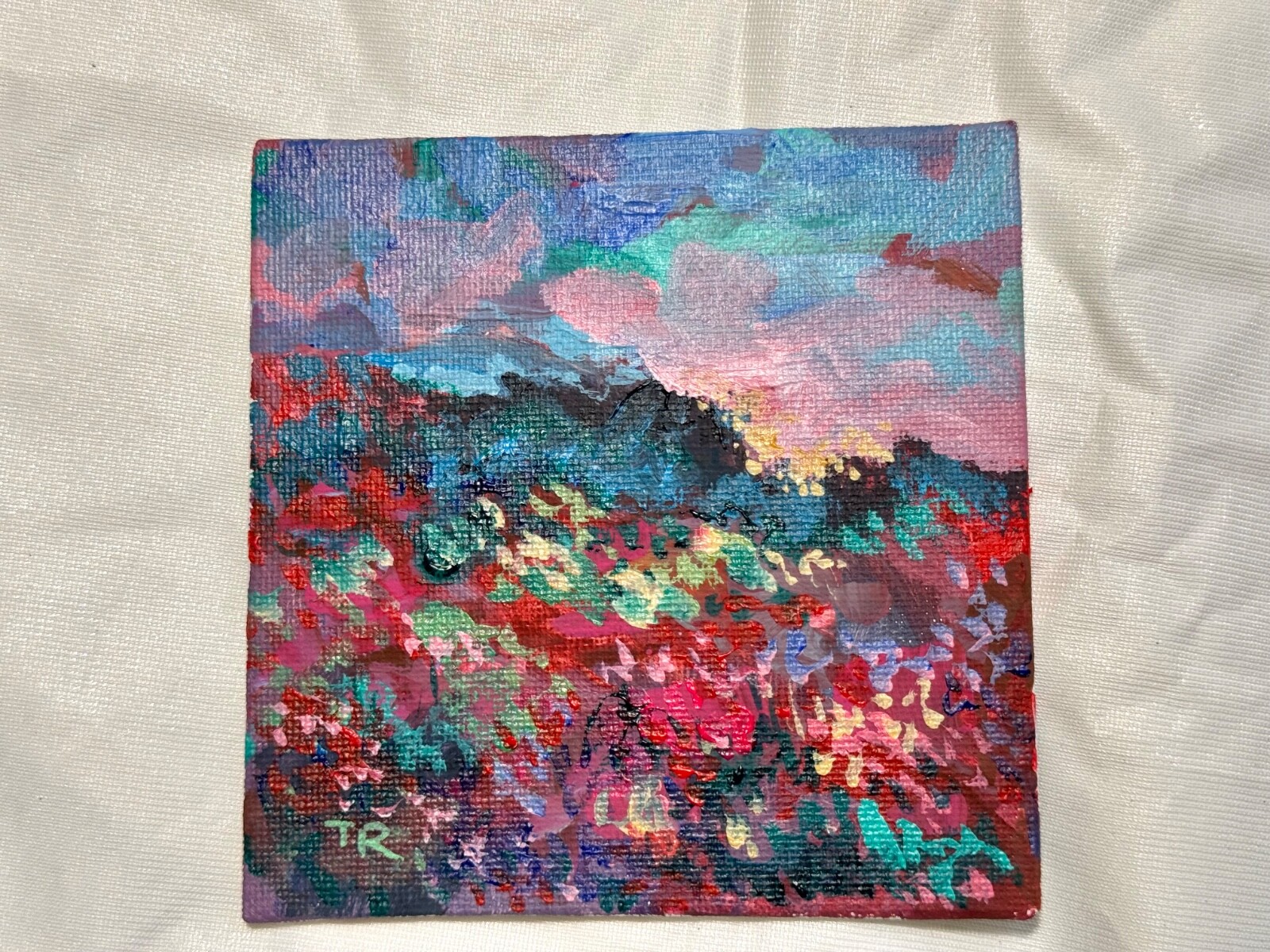 Wildflower field Original art Landscape red flower floral Acrylic Painting 4×4”