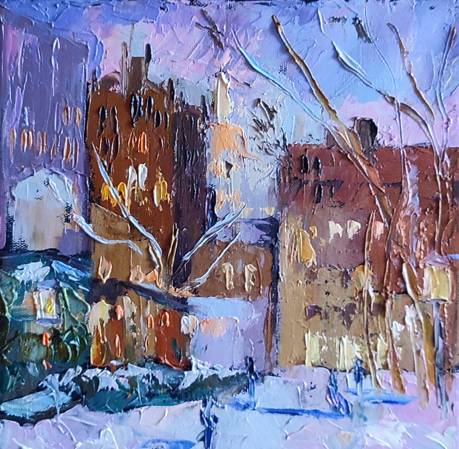 oil painting on canvas board original handmade art city snowy winter evening
