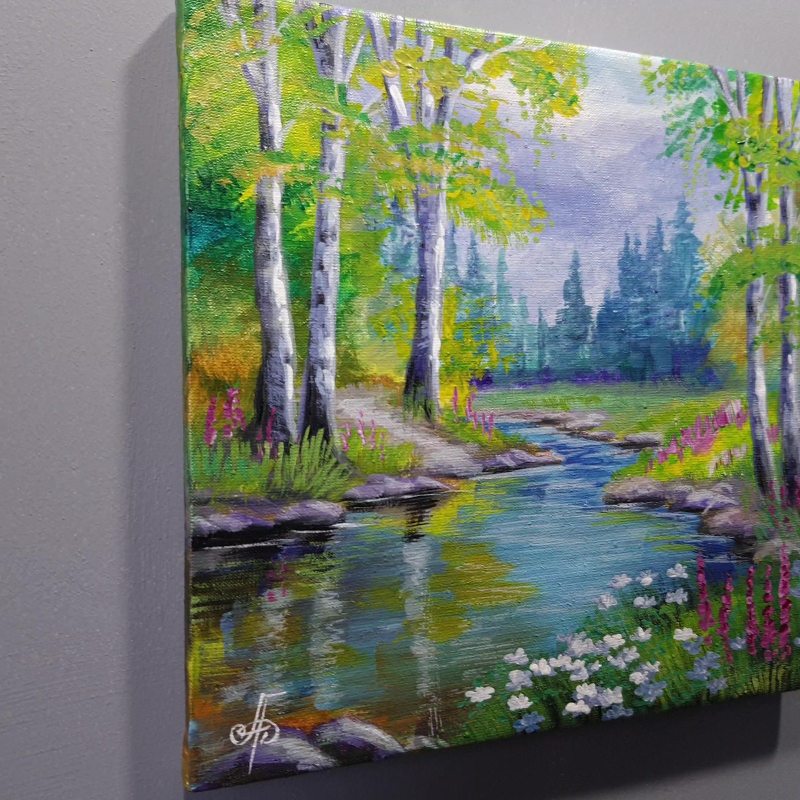 Summer Peace Landscape Acrylic Painting River Forest Nature Canvas Artwork 8×8