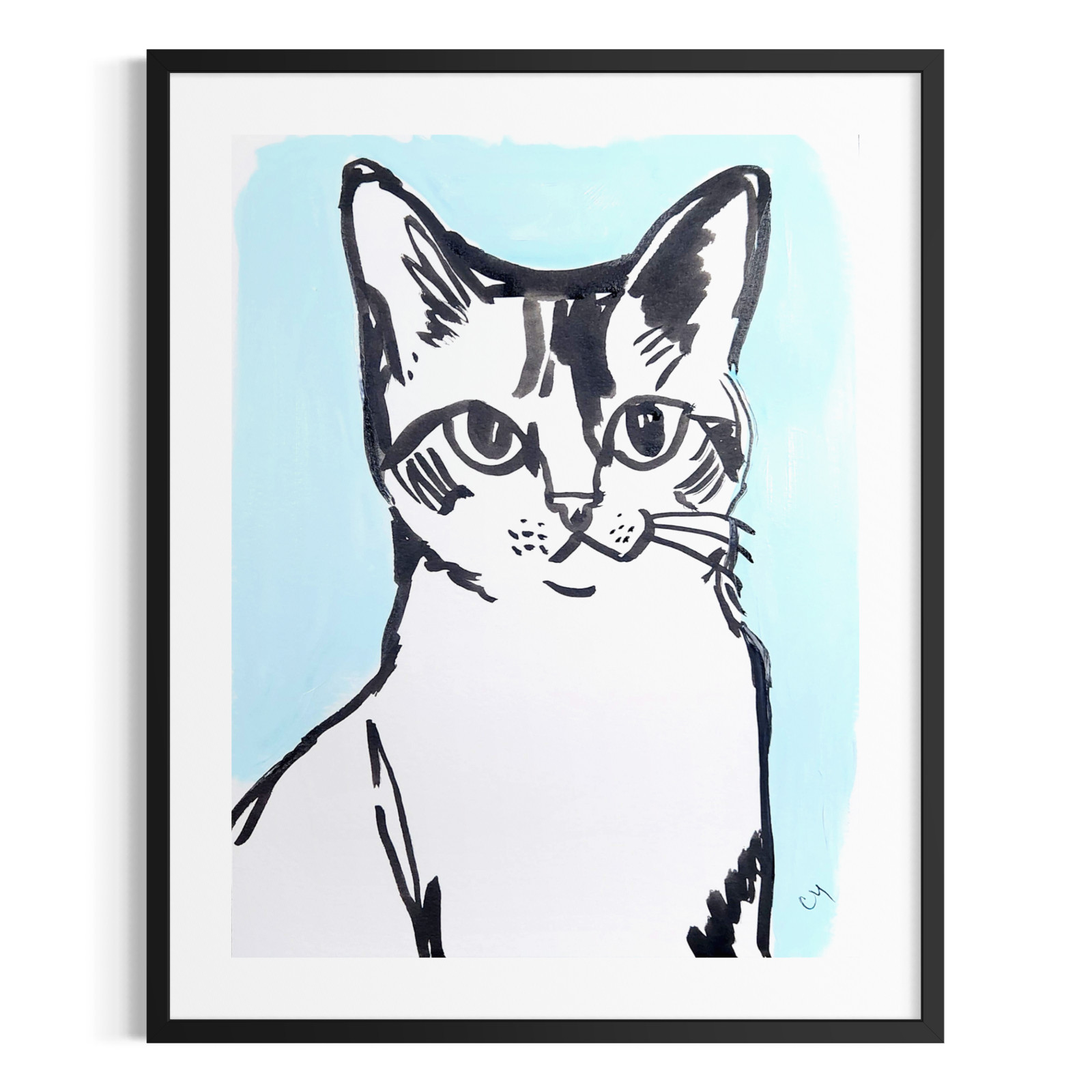 Original Abstract Acrylic 9×12 Cat Black White Blue Striking One of a Kind