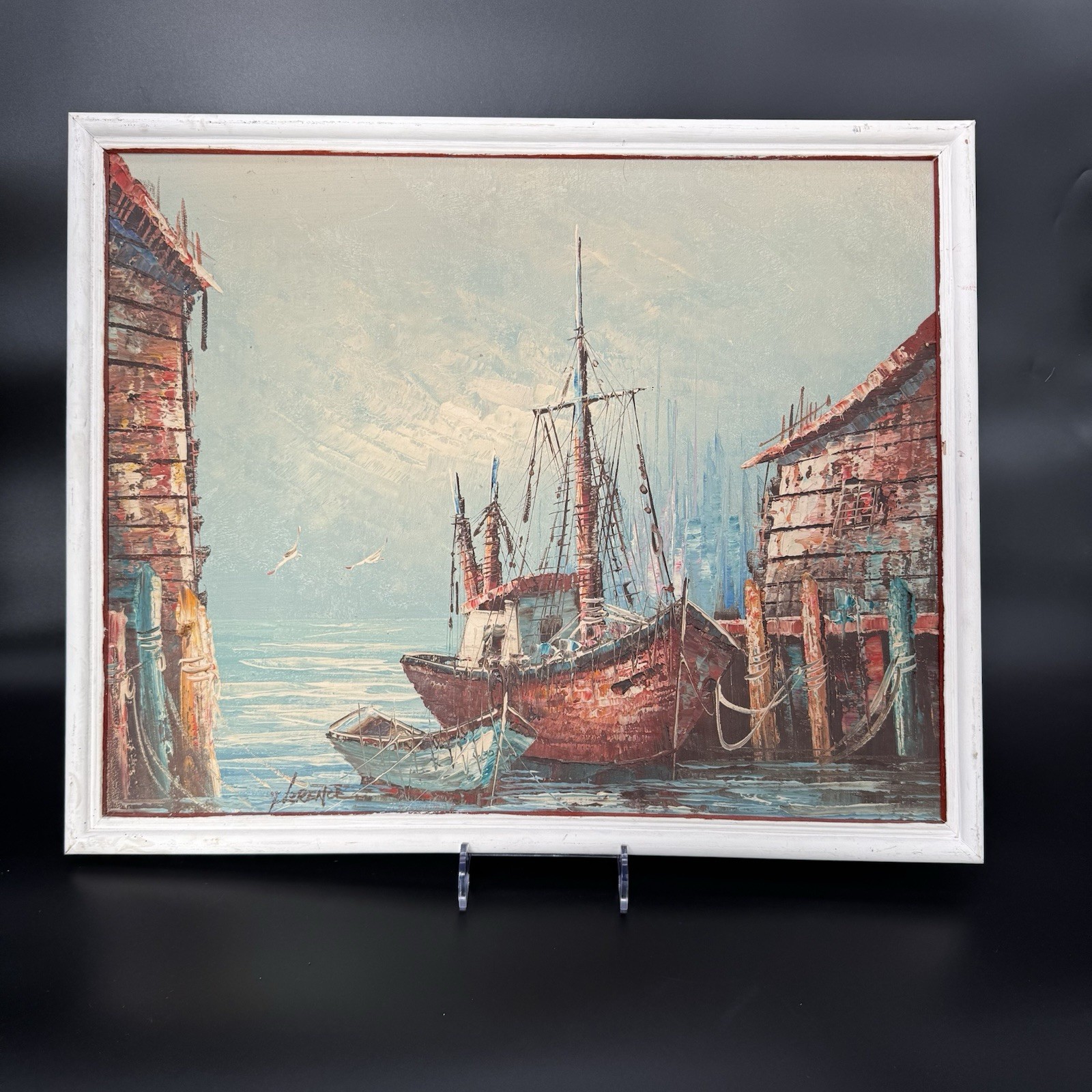 Vintage Mid Century Original Oil on Canvas Harborscape 21.5/17.5 Inches