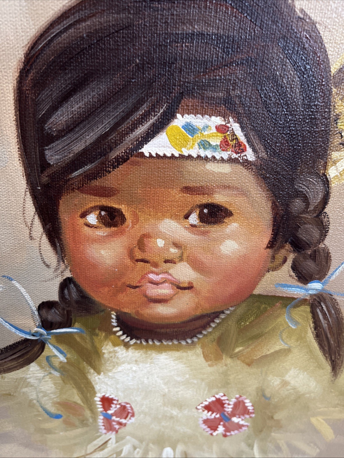 Stone ESKIMO CHILD ORIGINAL OIL ON CANVAS PAINTING CERTIFICATE SEAL ON BACK