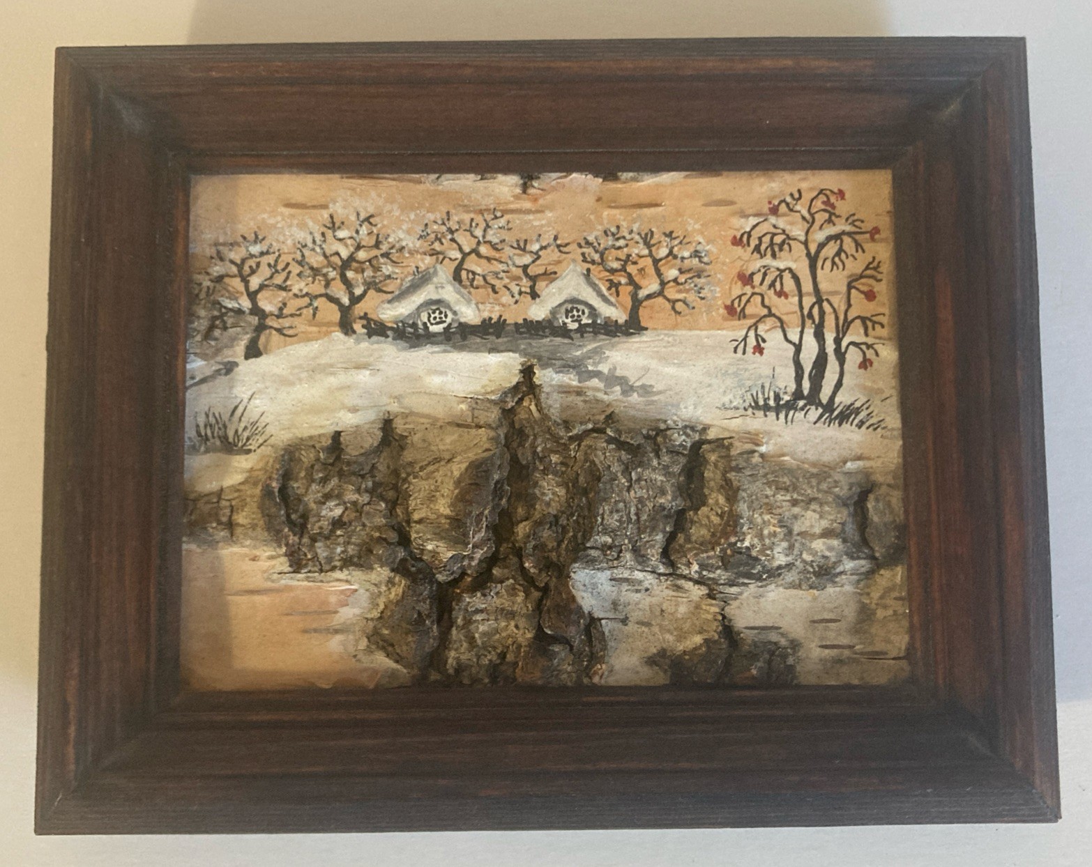 Vtg Small Russian Birch Bark Landscape Framed Artist Signed Set of 3