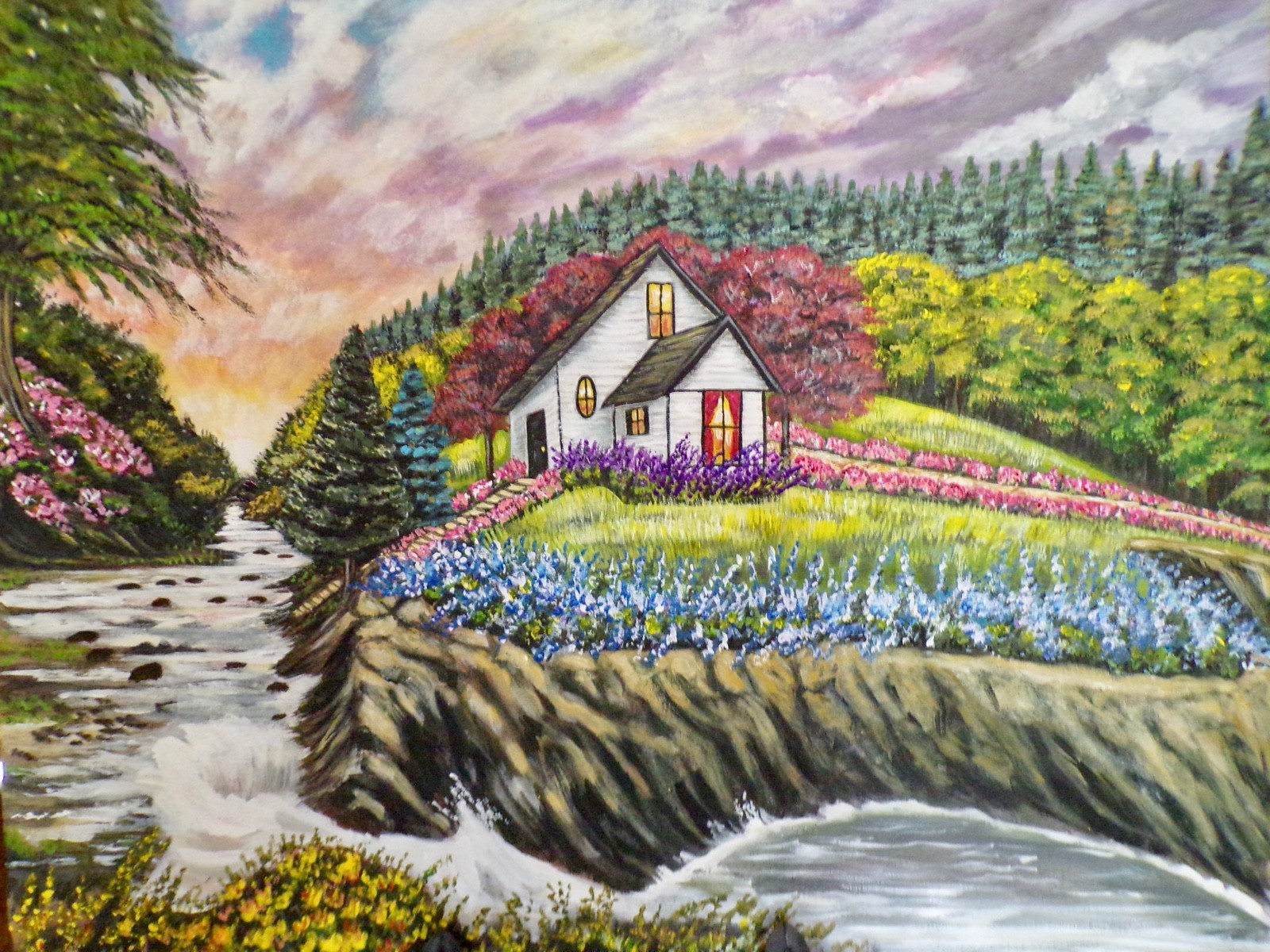 Cottage House Original Painting- , cottage, farmhouse by the water-landscape