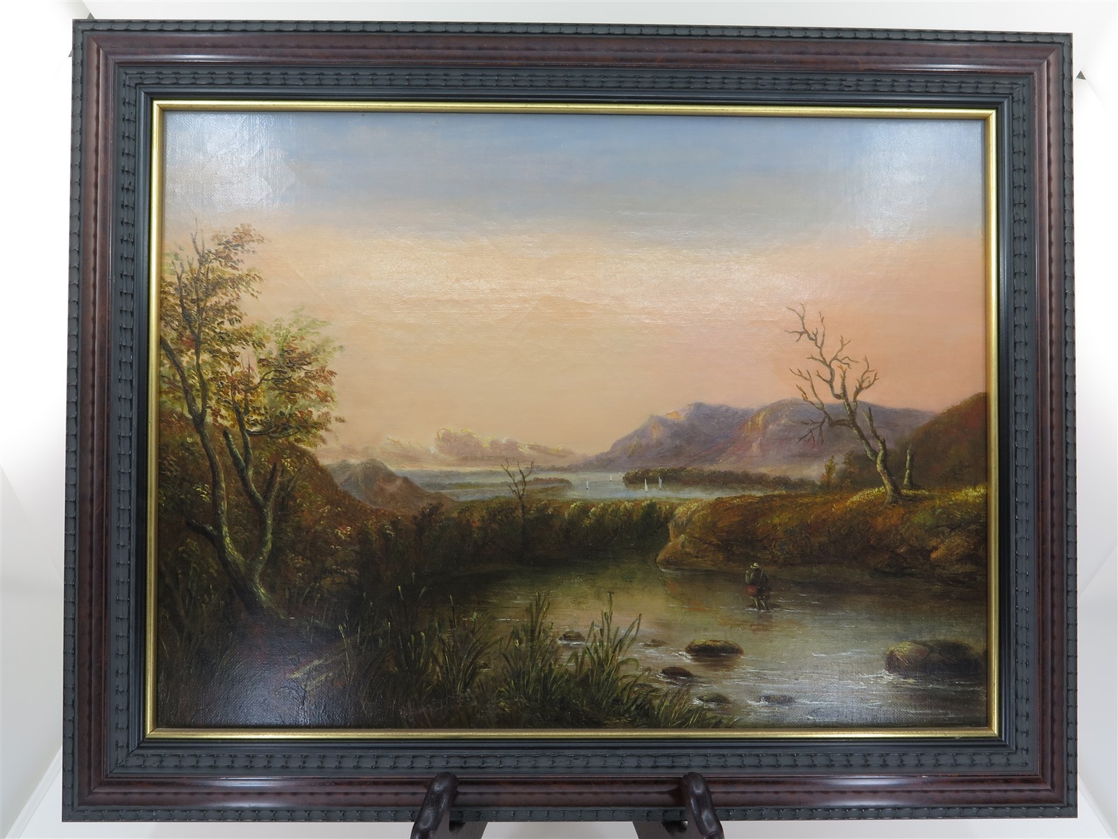Original Framed Landscape Oil Sunset Hunter / Fisherman Canvas 18-5/8″ 14-1/2″