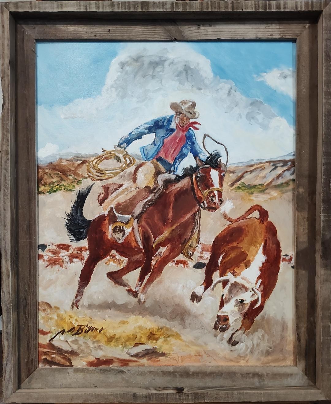 Original Western Oil Painting «Roundin’ up a Bullheaded Steer» by Marc Bitler