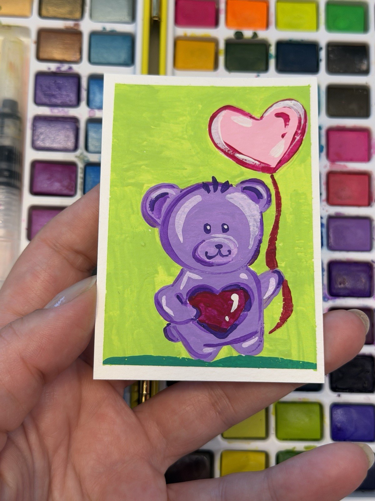 ACEO Original Gouache Painting 2.5×3.5in – Bear And A Heart Balloon – Mini Art