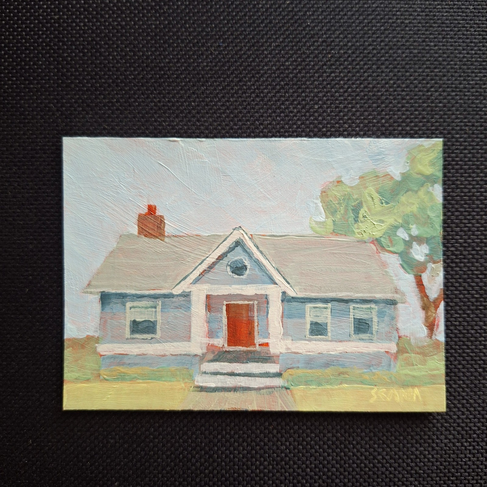 ACEO Original Painting House Home OOAK Handmade Miniature Blue Red Door Tree