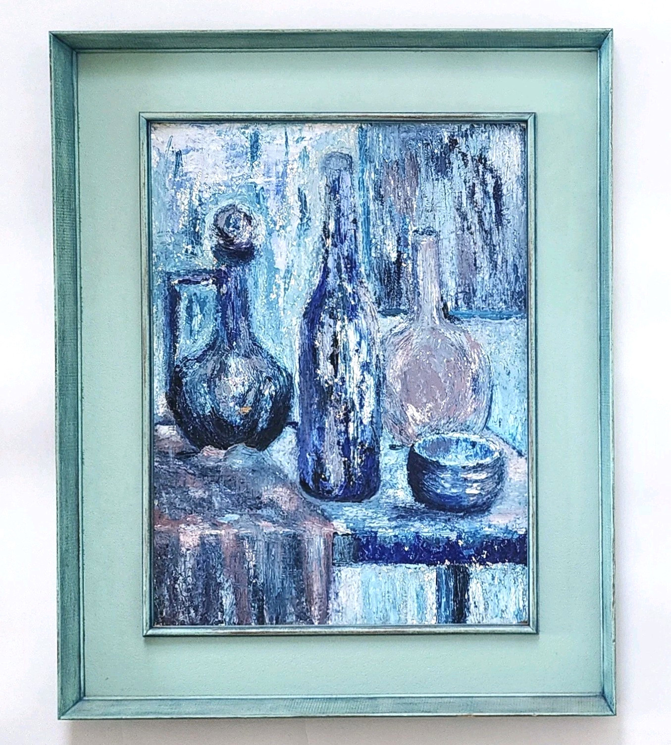 Original Vintage Mid-Century Impressionist Still Life Oil Painting Blue Bottles