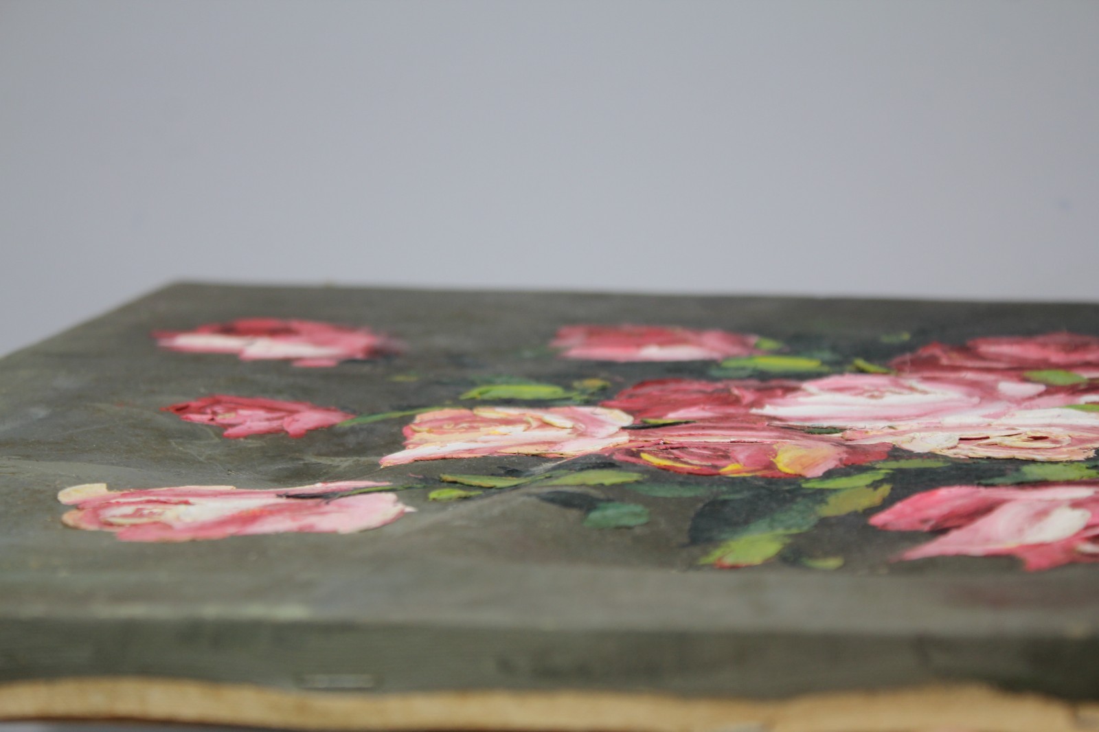 Vintage Original Oil Painting on Canvas Pink Roses in a Blue Vase 16×20” Vintage