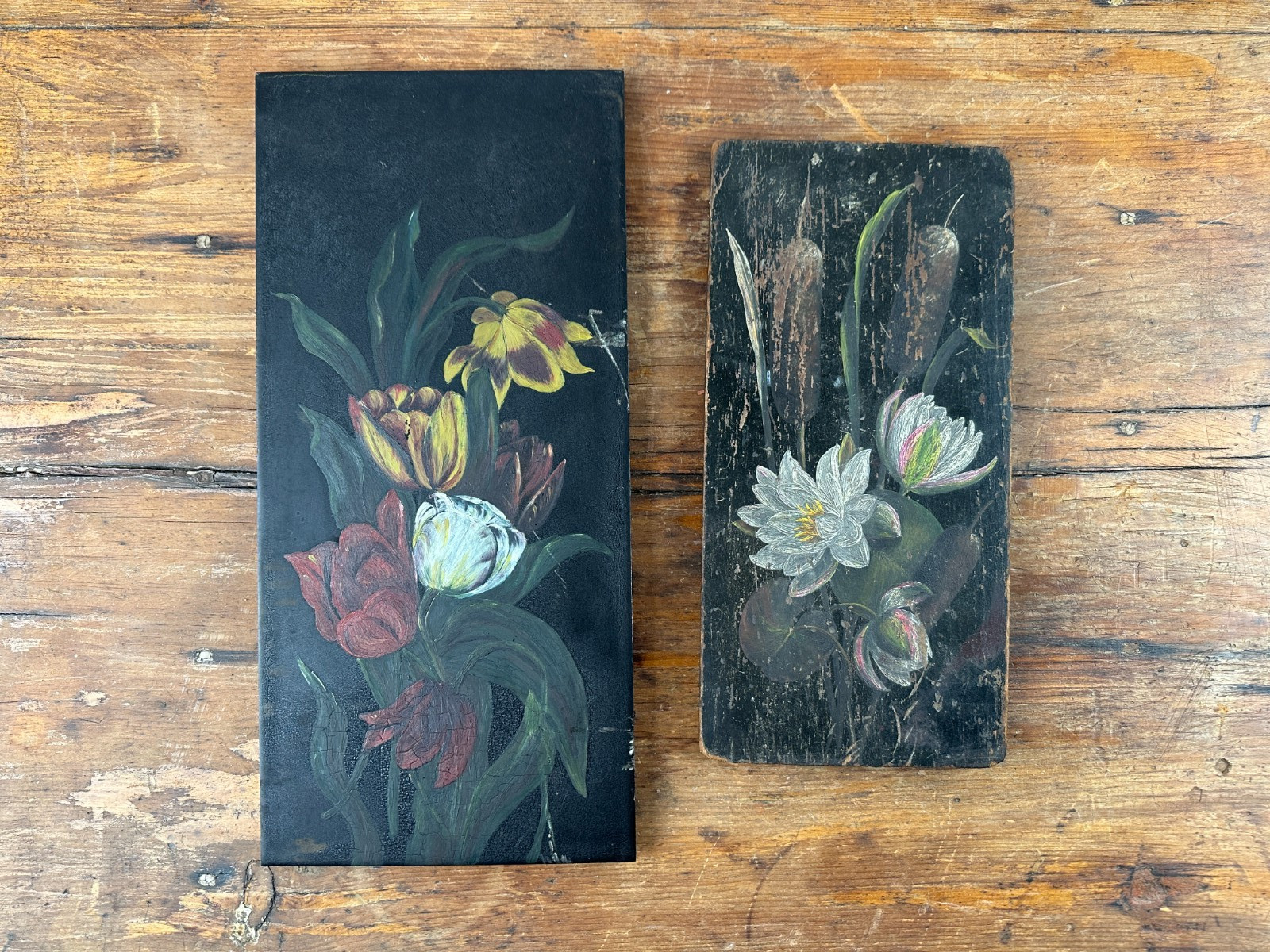 Pair of Matching 1800s Victorian Oil Paintings on Board Floral Cattails Flowers