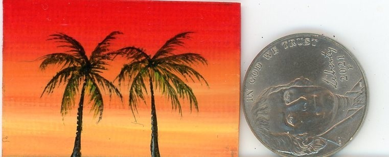 ORIGINAL 1×1.5 Acrylic Dollhouse Painting Tiny Tropical Palm Trees Sunset HYMES