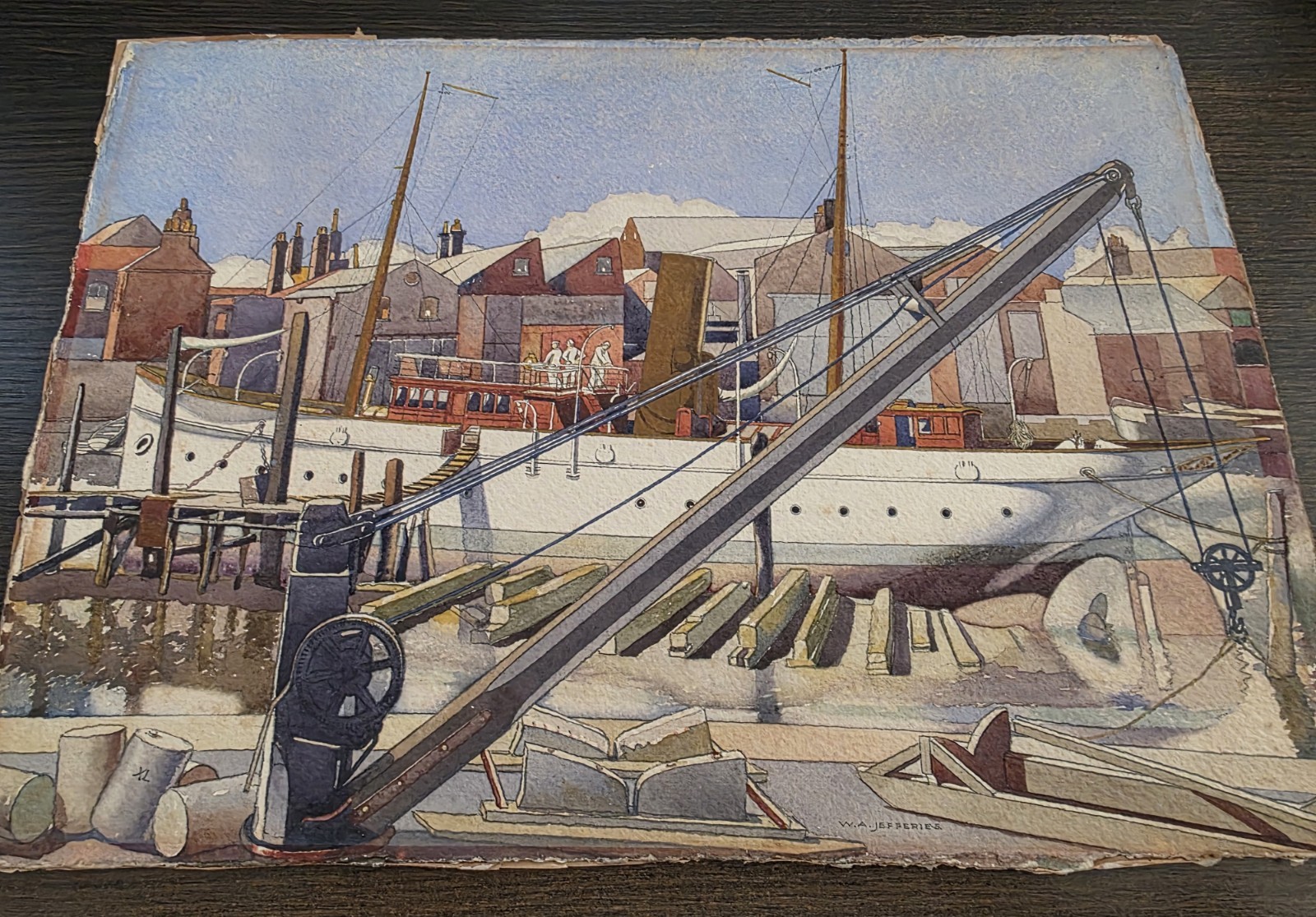 WILFRED A. JEFFERIES PORTSMOUTH BOATYARD WATERCOLOR PAINTING SIGNED. 16 x 11 in.